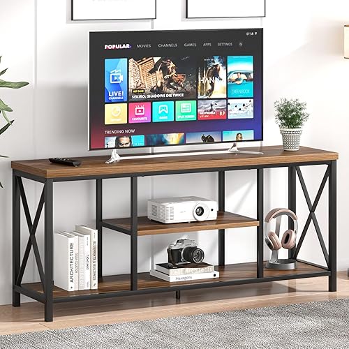 Miniatura 62 de FOLUBAN Soporte de TV para TV de hasta 65 pulgadas, centro de entretenimiento de madera rústica y metal con estantes de almacenamiento, mesa consola
