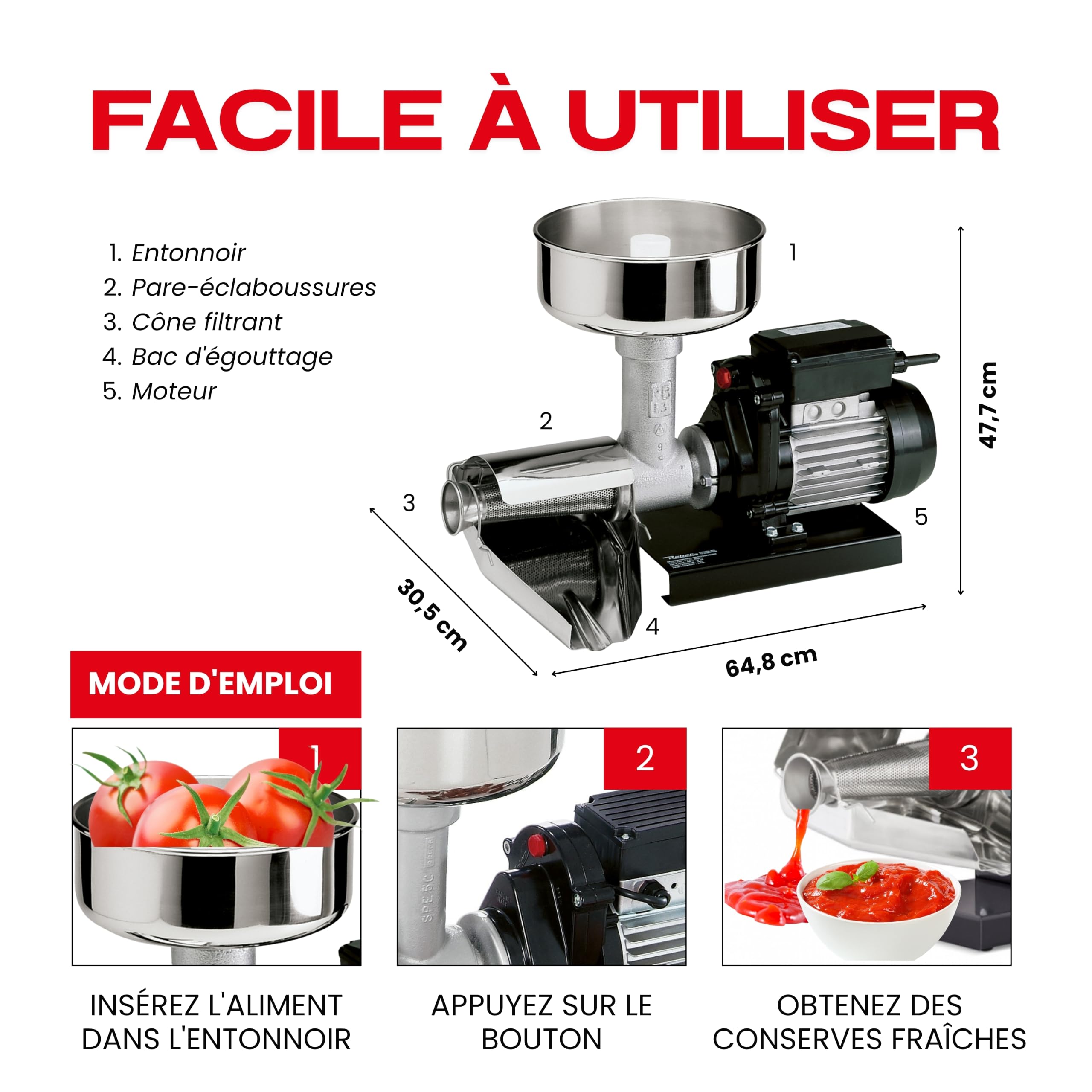 Reber Presse-Tomates Électrique N.5 500 W pour Coulis et Conserves | Pour confitures et jus de fruits, jusqu'à 340 kg/h, accessoires en acier inoxydable, moteur à induction en continu