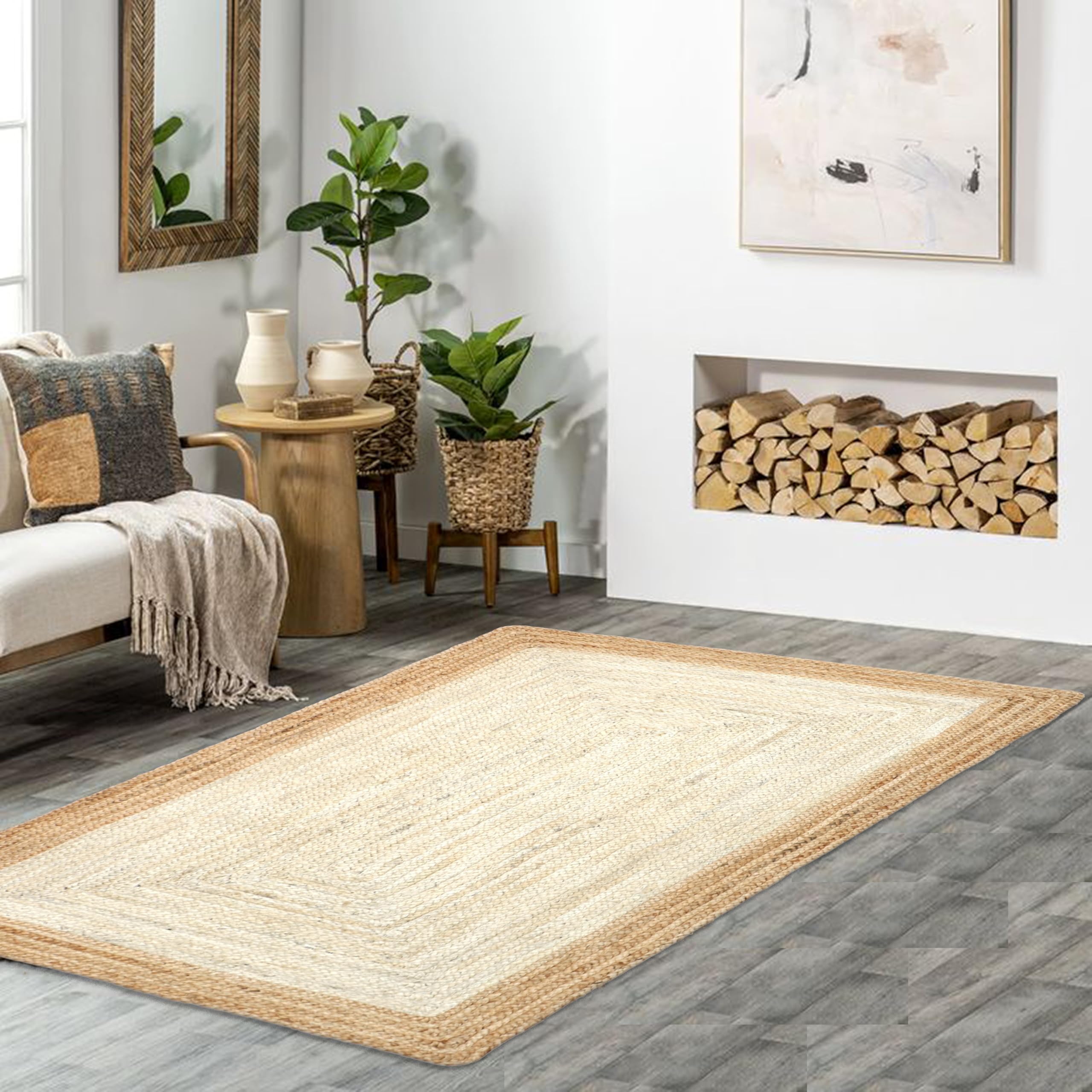 The Home Talk Jute Braided Rectangular Rug - Natural Fiber Rug Rustic Farmhouse Vintage Braided Handwoven Indoor Carpet for Entryway/Kitchen/Frontdoor (White, 120 x 180 cm)
