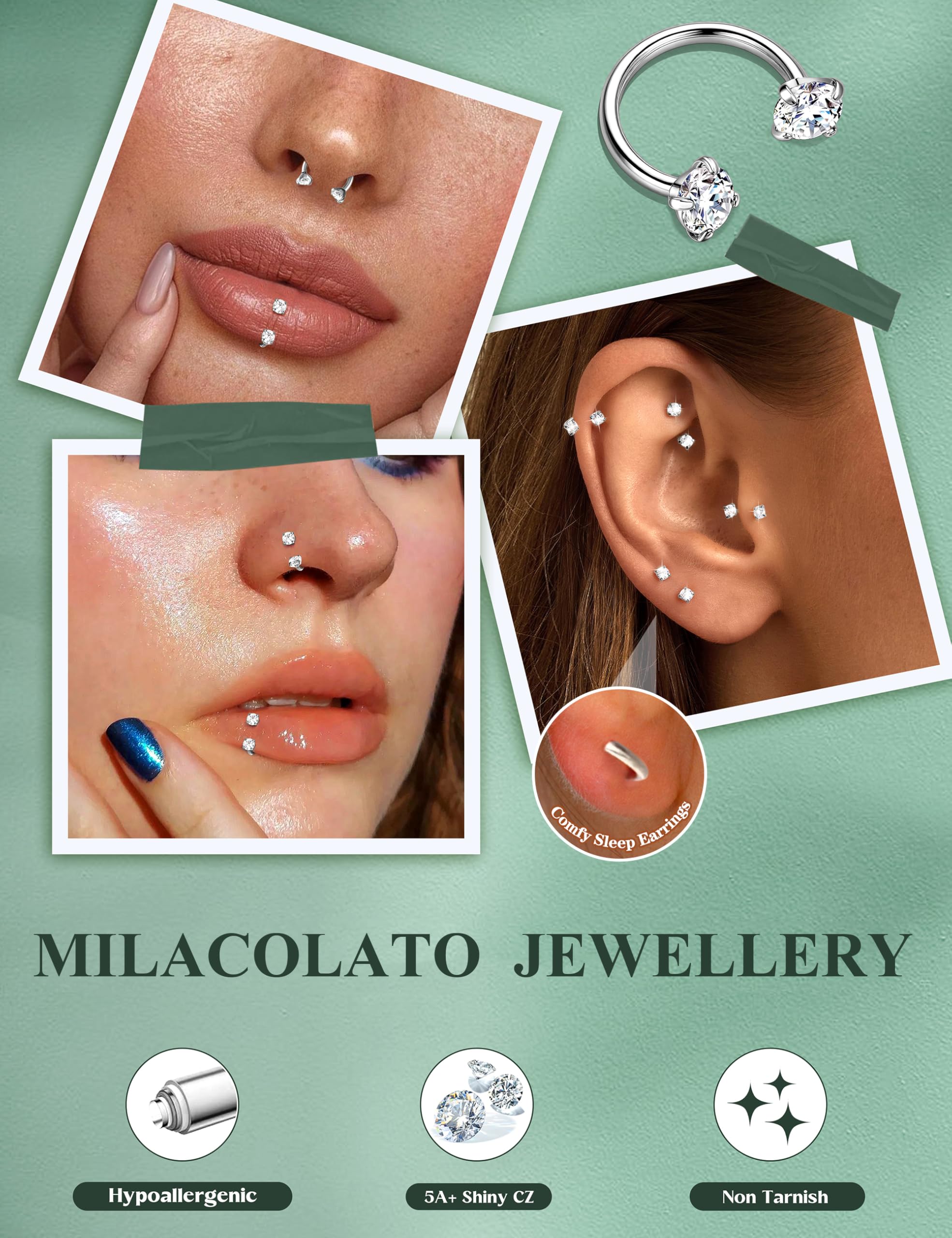 MILACOLATO 18G 20G Piercing Nariz Acero Quirurgico Septum Piercing de Nariz Herradura Oro Plata Circonita Cúbica Push-in Sin Rosca Helix Daith Tragus Labret Labio 6mm/8mm