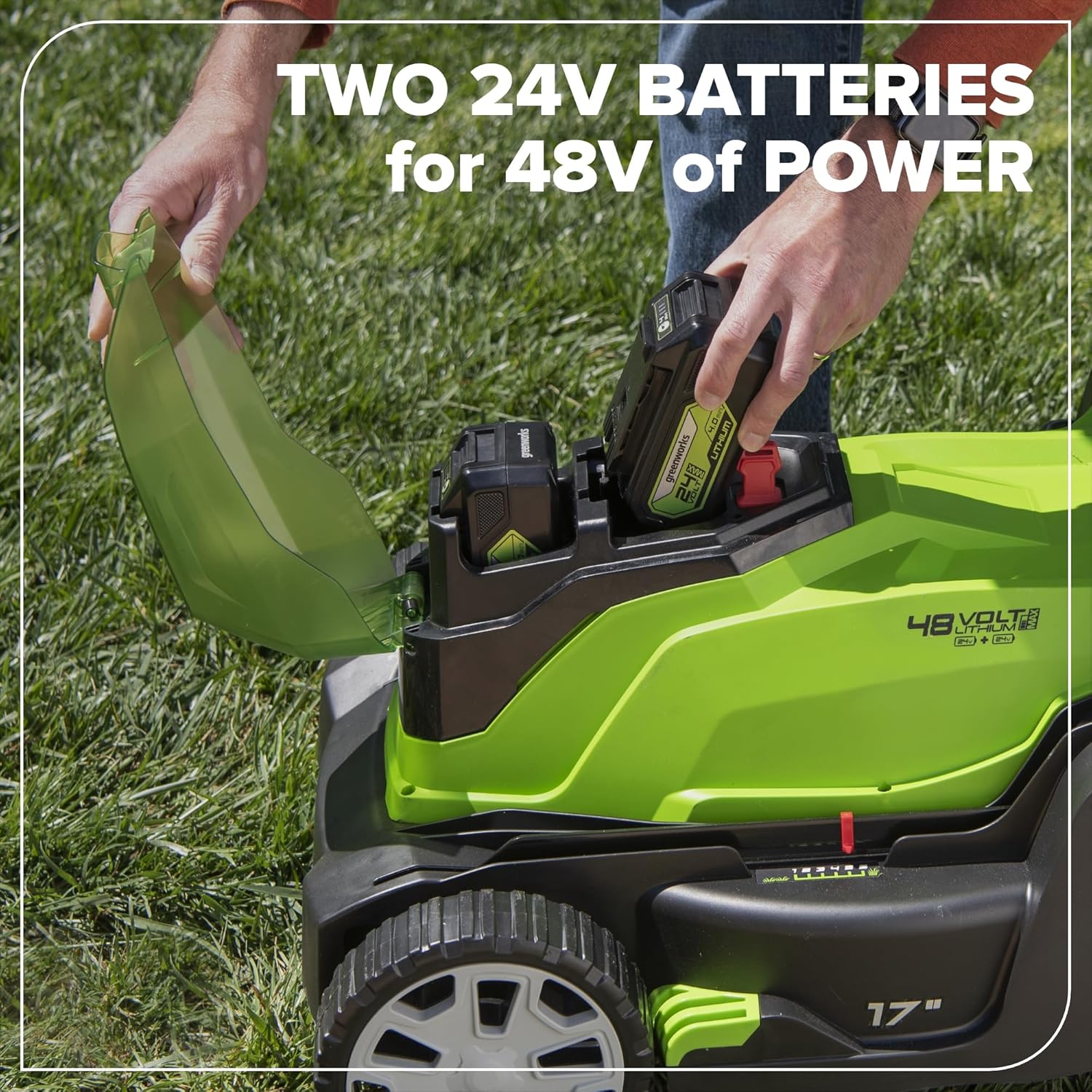 Greenworks 48V (24V x 2) 17" Cordless (Push) Lawn Mower (200+ Compatible Tools), (2) 4.0Ah Batteries and Dual Port Rapid Charger Included