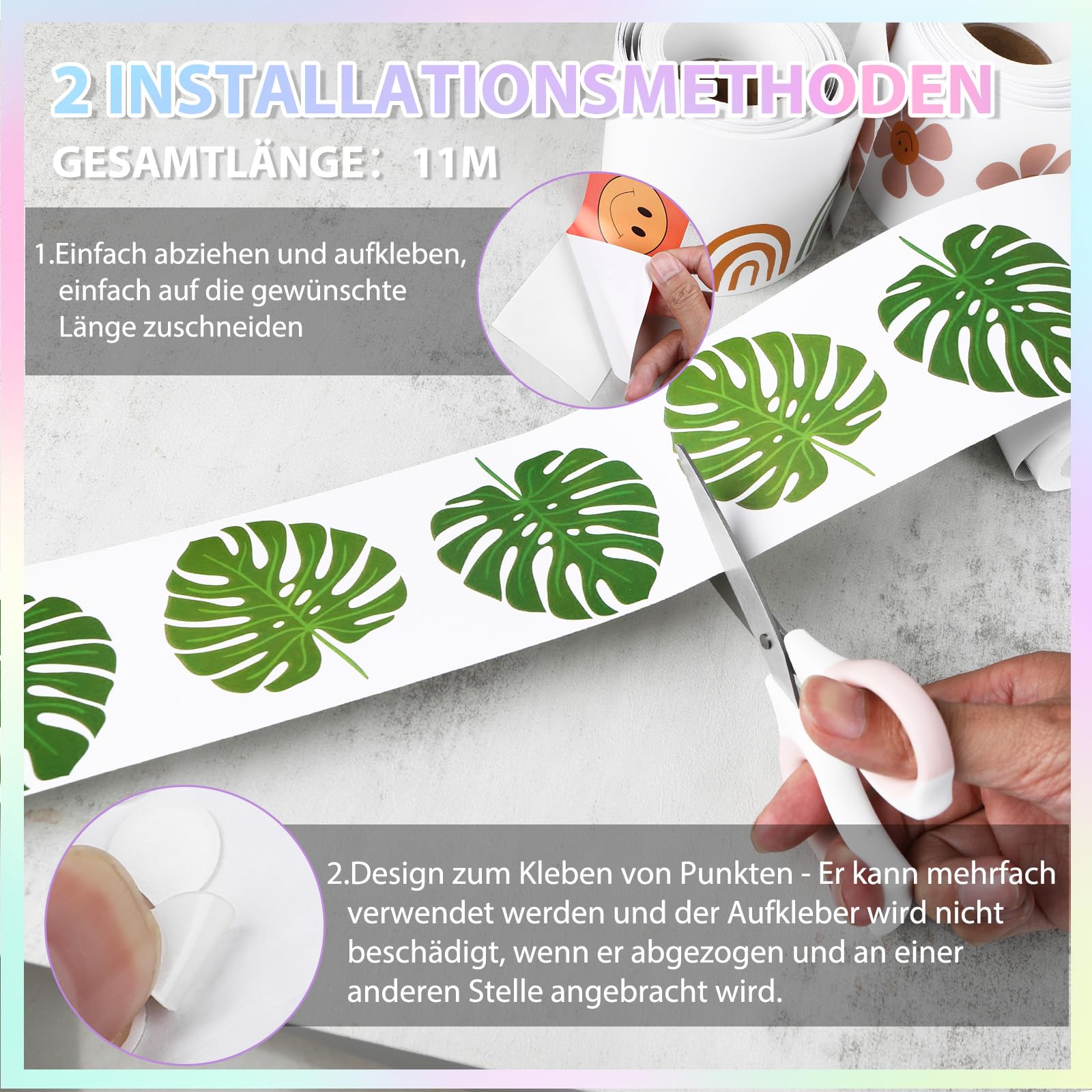 6 Rollen 66 m Pinnwandbordüren Aufkleber, Pflanzen Apfel Smiley Blumen-Pinnwand-Rand 6 Designs für Klassenzimmer, Tür, Fenster, Tafel, Whiteboard, Wand, Babyparty oder andere Partydekoration