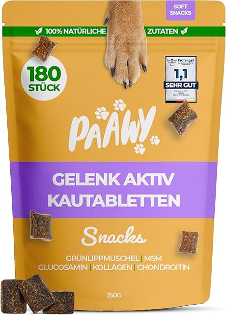 paawy Joint Tablets for Dogs - Test Very Good German Brand - Snacks with Green-Lipped Mussel, MSM, Glucosamine, Chondroitin - Very High Acceptance, Natural, Laboratory Tested - Pack of 180 product image
