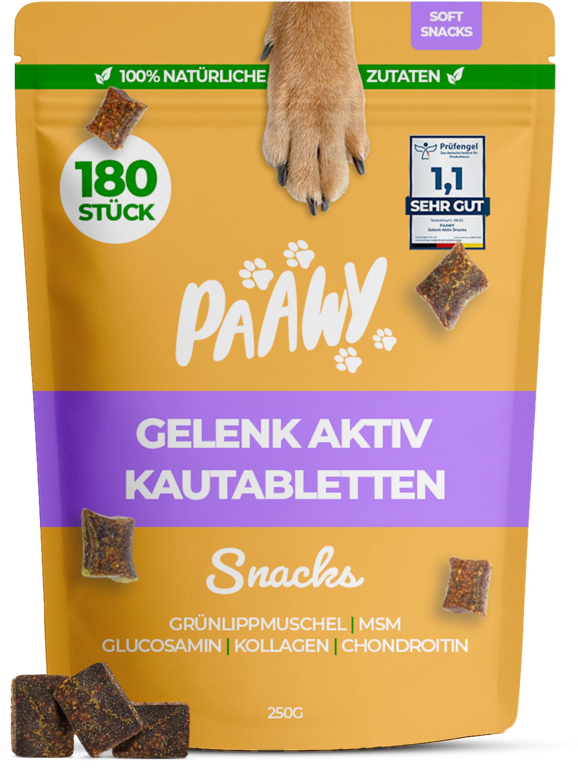 Gelenktabletten für Hunde von Paawy - Test SEHR GUT deutsche Marke - als Snacks mit Grünlippmuschel, MSM, Glucosamin, Chondroitin - sehr hohe Akzeptanz, natürlich, laborgeprüft - 180 Stück