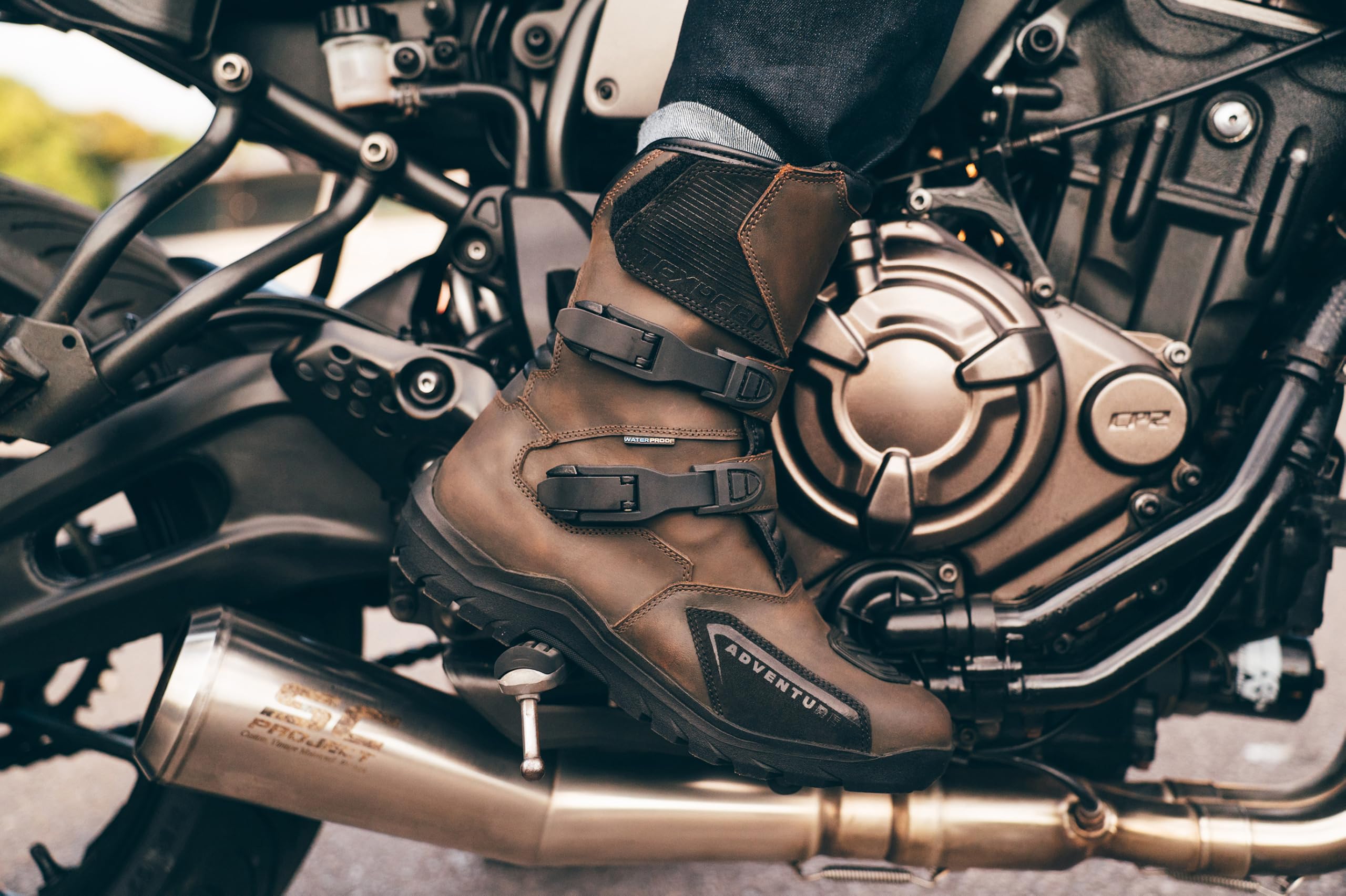 Texpeed Motorradstiefel Herren Leder – Vintage Pirates, 100% wasserdicht, kurzer Schaft, CE-geprüft, Touring-Bikerschuhe – Braun - EU 41