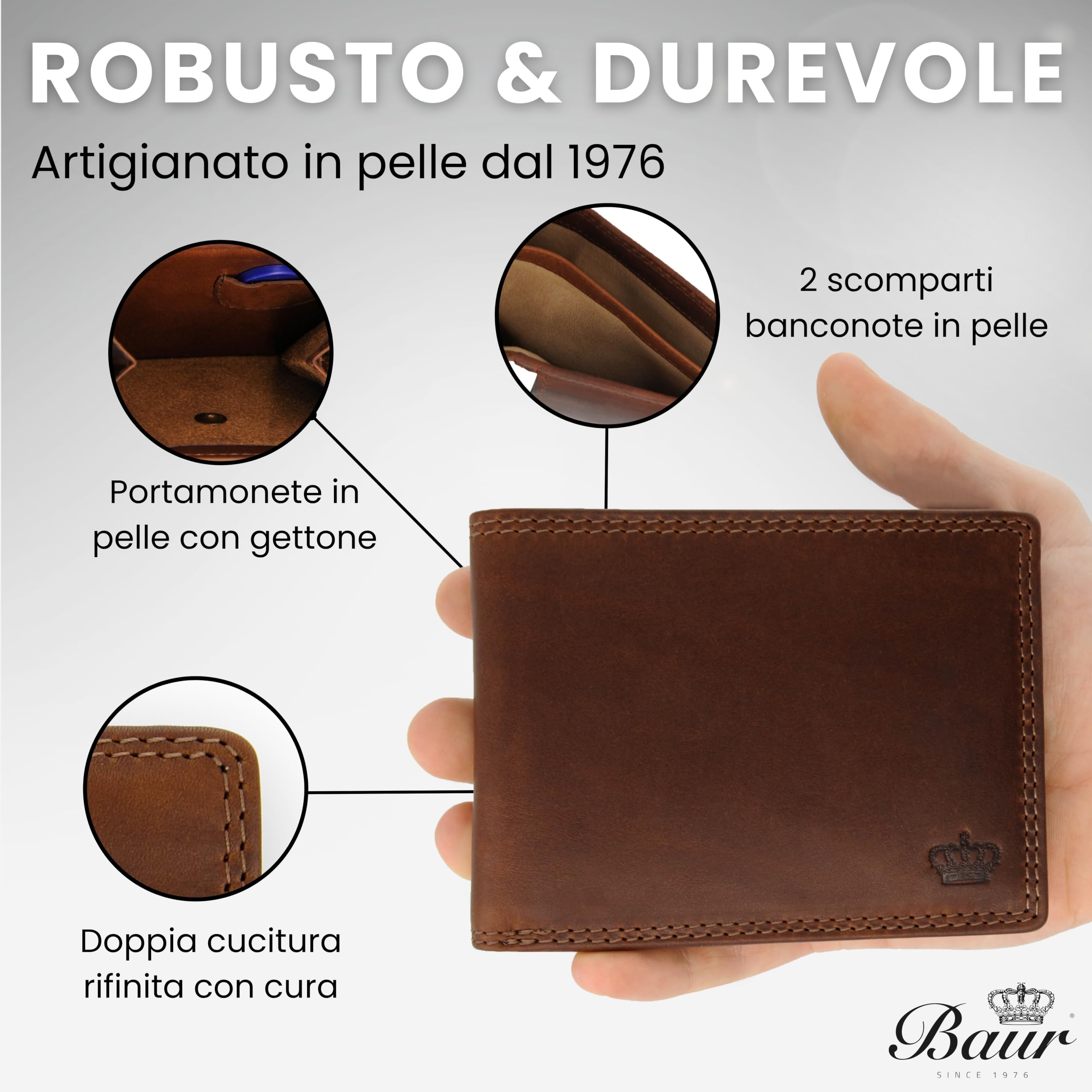 Baur portafoglio da uomo – vera pelle con protezione RFID – portafoglio in pelle orizzontale con 9 scomparti carte e scomparto monete (Formato orizzontale con bottone interno, Marrone scuro)