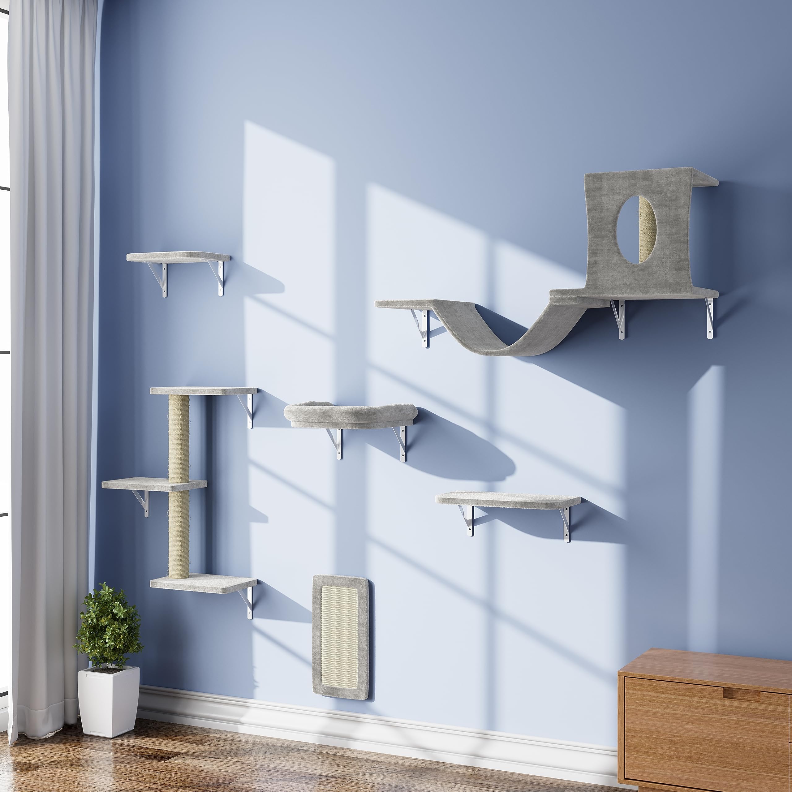 NUNU LAB Wall Mounted Cat Furniture Set - 6 Pcs Climber Set with House, Bridge, Steps, Scratcher Board - DIY Walls Playground, Indoor Cat Shelves - Gray