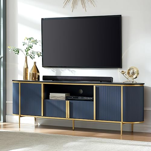 OKD Luxury 70" Fluted TV Stand, Modern Chic Entertainment Center for TVs Up to 80 inches, TV Console with Faux Marble Top, Curved Profile Design, Media Console for Living Room, Navy Blue - Navy Blue