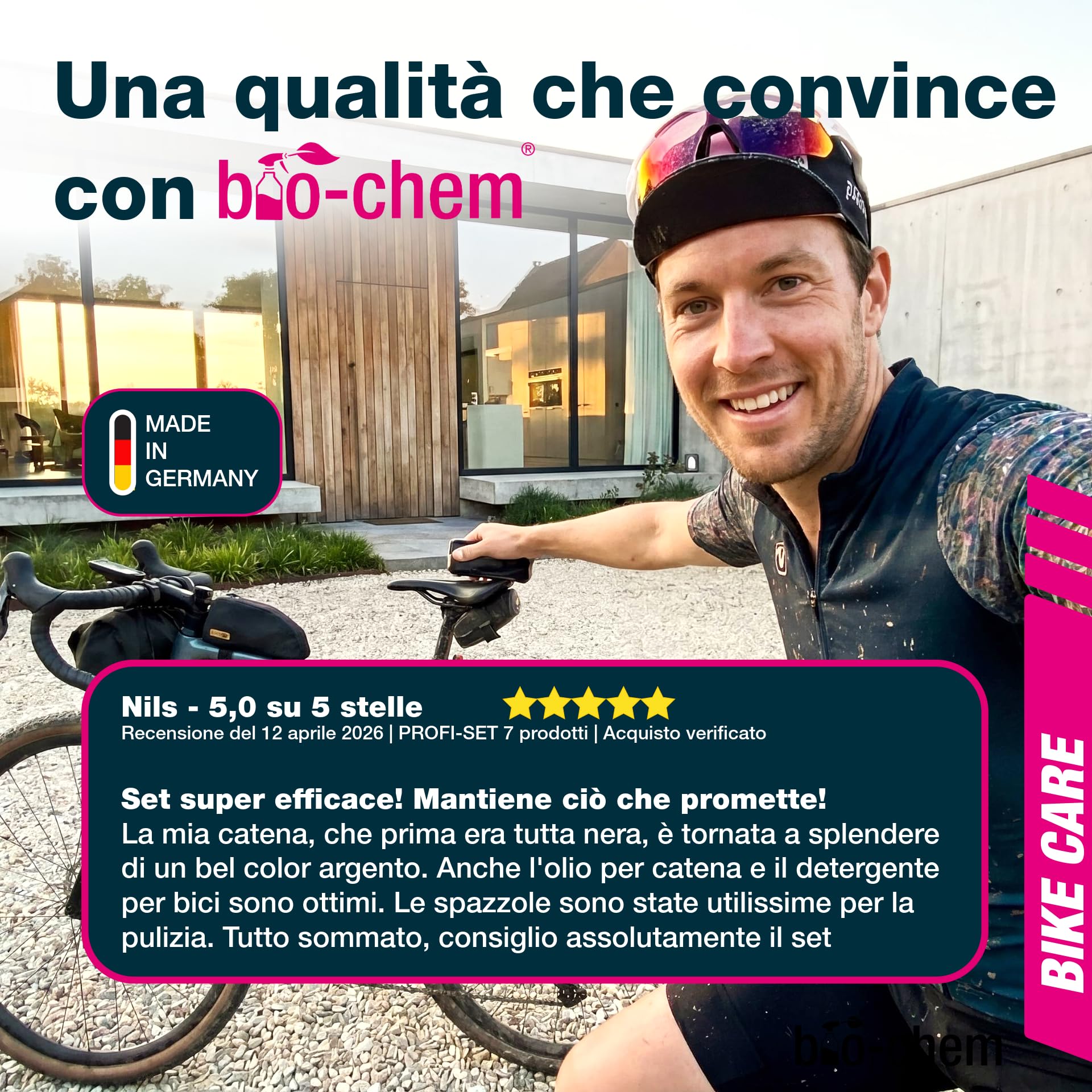 bio-chem - Profi Set 7 prodotti per la pulizia della bicicletta - Detergente completo 750ml - Sgrassatore per catena 750ml - Olio lubrificante 100ml - Panno e spazzole incluse