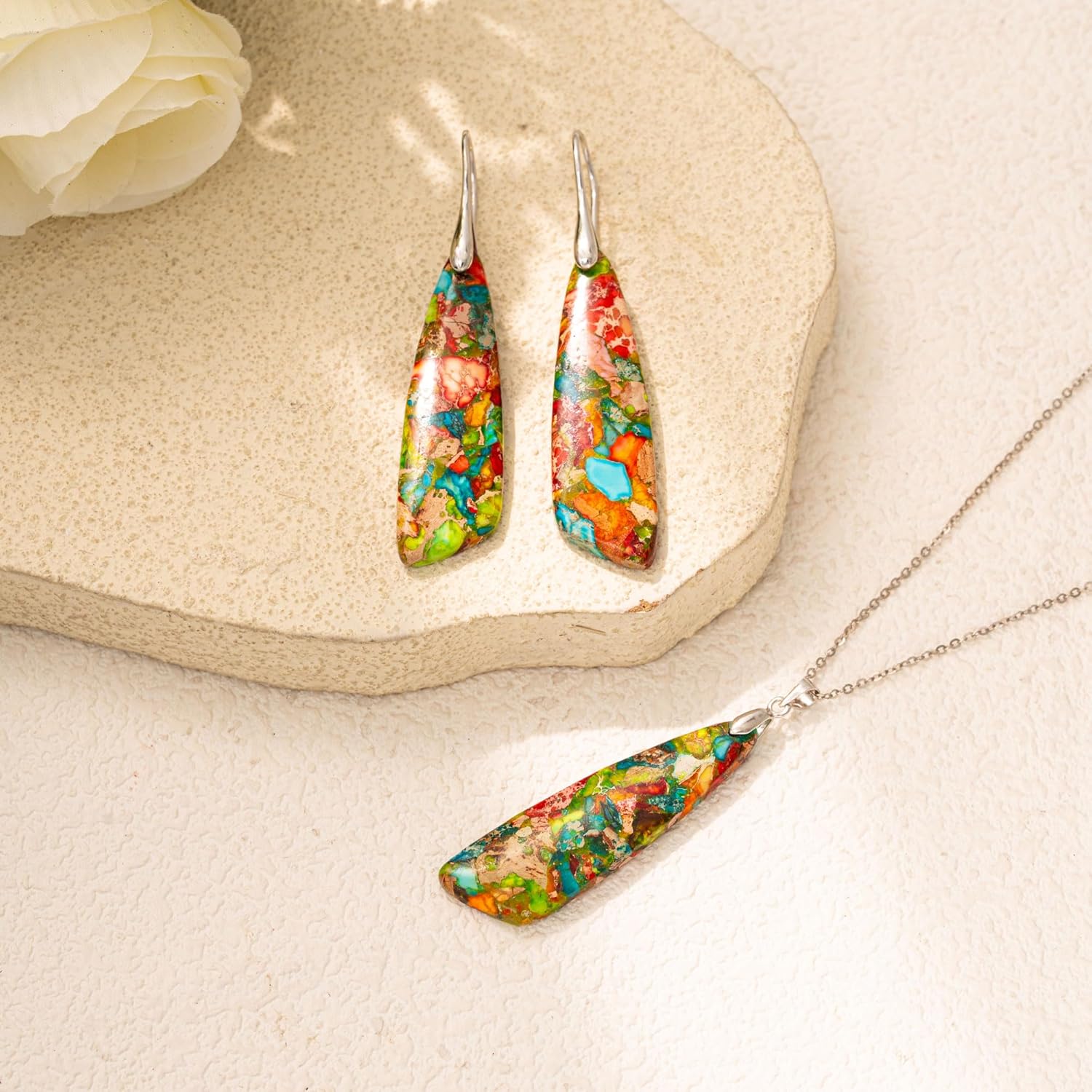 925 Sterling Silver Natural Imperial Jasper Dangle Drop Earrings, Multicolor, Boho Style