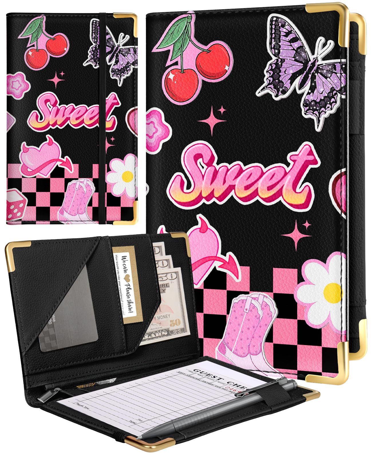 Slohif Server Book for Waitress Cute Serving Books with Zipper Pocket Accessories Leather Server Check Book Restaurant Waiter Server Booklet Organizer