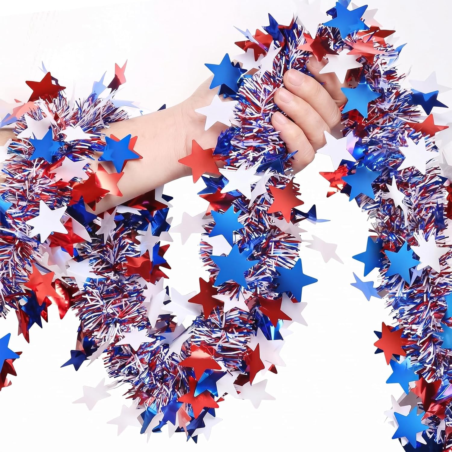 52.5Ft 4th of July Patriotic Tinsel Garland Decorations, Red White and Blue Star Garland for Golf Cart Parade Float, Independence Day Tree Decor (1 Pack)