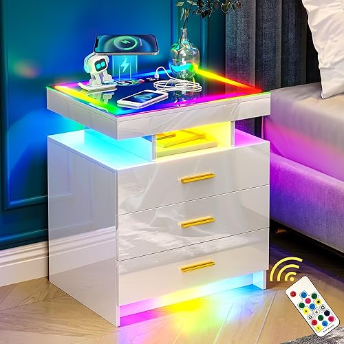 Mesita de noche LED con estación de carga inalámbrica, mesita de noche RGB con 3 cajones para muebles de dormitorio, mesa auxiliar con 24 luces de