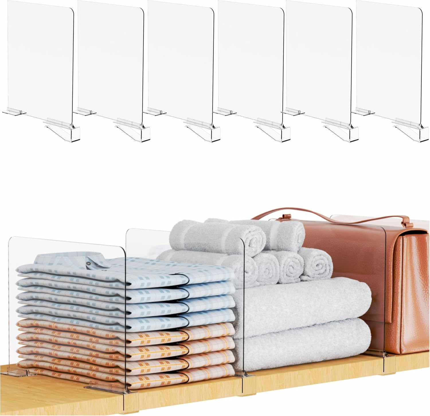 Yieach Paquete de 6 separadores de estantes acrílicos para organización del armario, altura ajustable, separadores transparentes para toallas,
