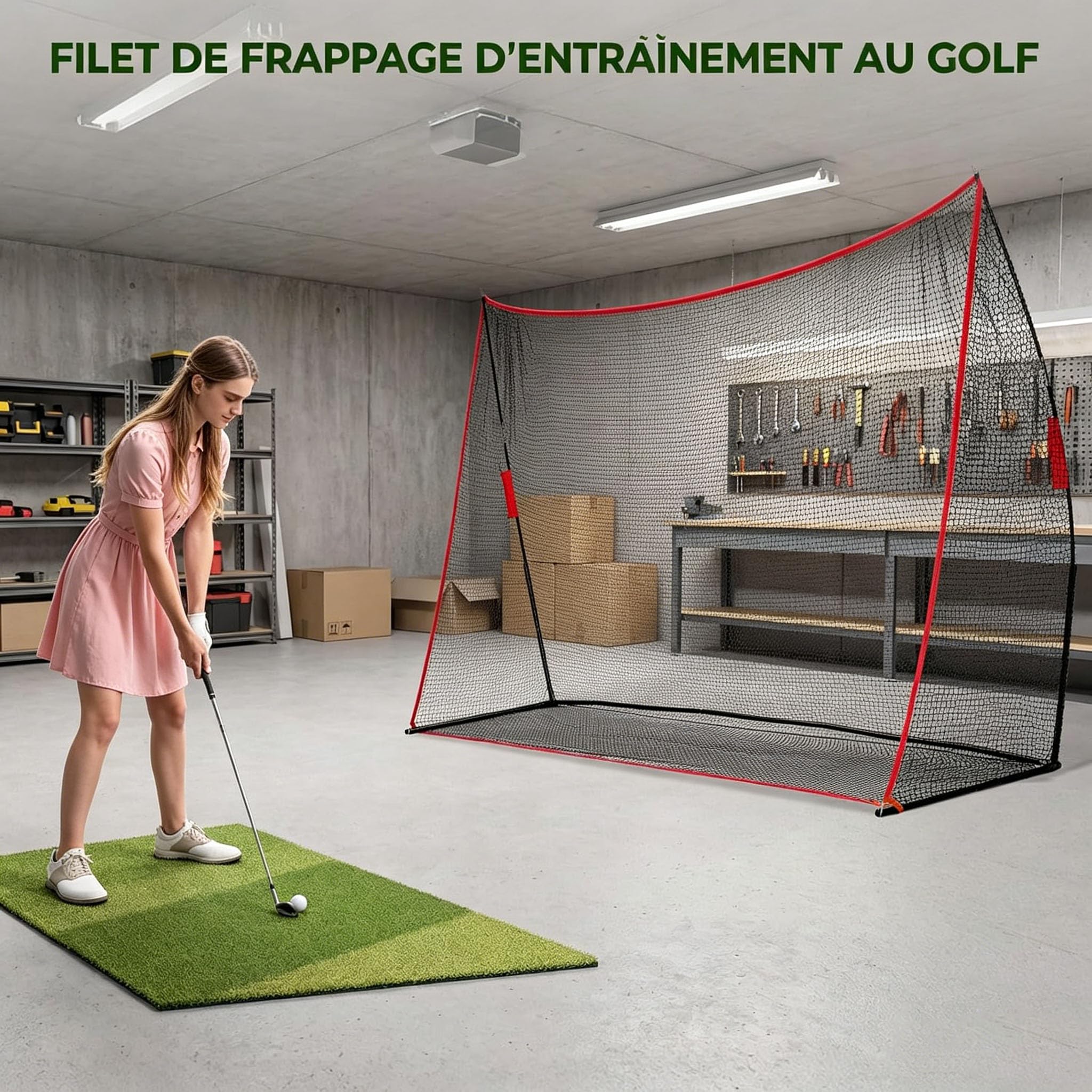 Golfnetz riesig 305x93x217 cm tragbar stabiles Golf Übungsnetz für Innen & Außen mit Aufbewahrungsnetz & 4 Heringen Trainingshilfe für Zuhause schwarz/rot