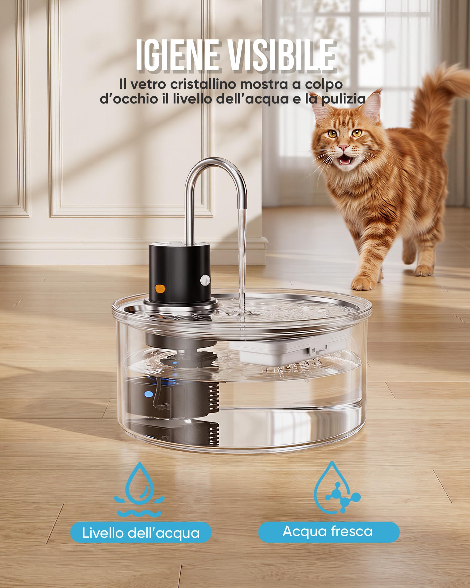 Tomxcute Fontanella per Gatti 3,2L in Vetro con Sensore | Batteria da 5000mAh per utilizzo senza fili, erogazione automatica dell'acqua e livello sempre visibile