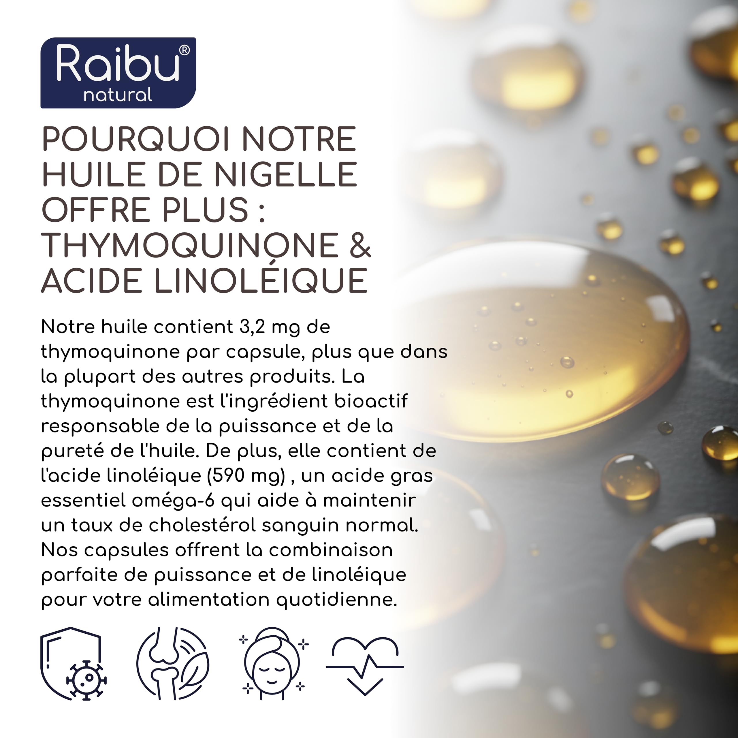 Huile de nigelle pure - 1000 mg d’huile de cumin noir par gélule (1 par jour) - Provision pour 6 mois - Nigella sativa pressée à froid - 59 % d’acide linoléique - 180 gélules