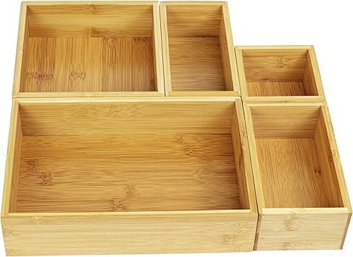 VaeFae Juego de 5 organizadores de cajones de bambú, caja organizadora de madera de 5 tamaños, contenedores de almacenamiento para cocina, baño,