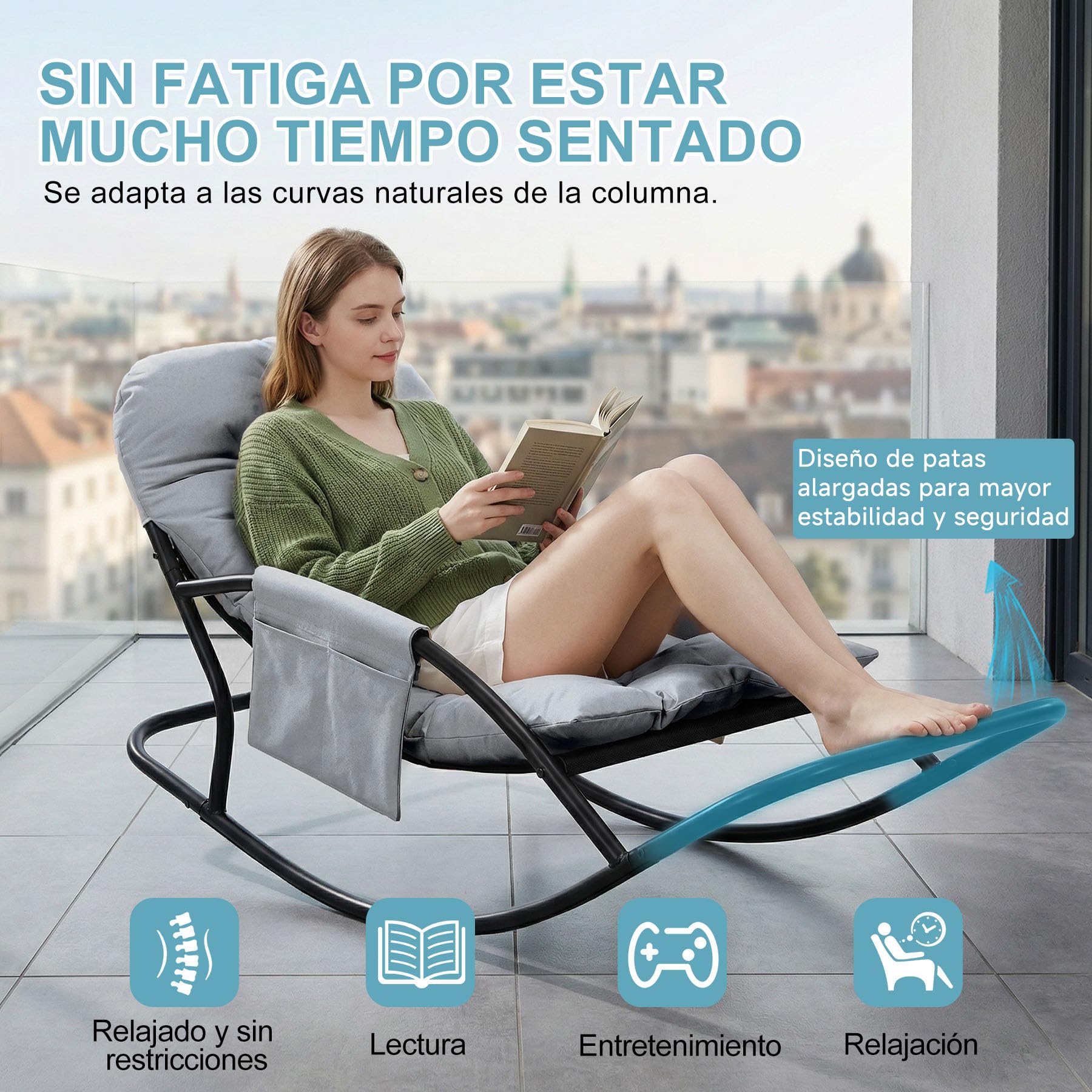 Sillón Mecedor Exterior, Silla Mecedora Papasan con Cojín y Estructura de Metal, Soporte para Pies, para Dormitorio, Salón, Terraza, Jardín, Balcón, Capacidad de Carga 120 kg, Tela técnica