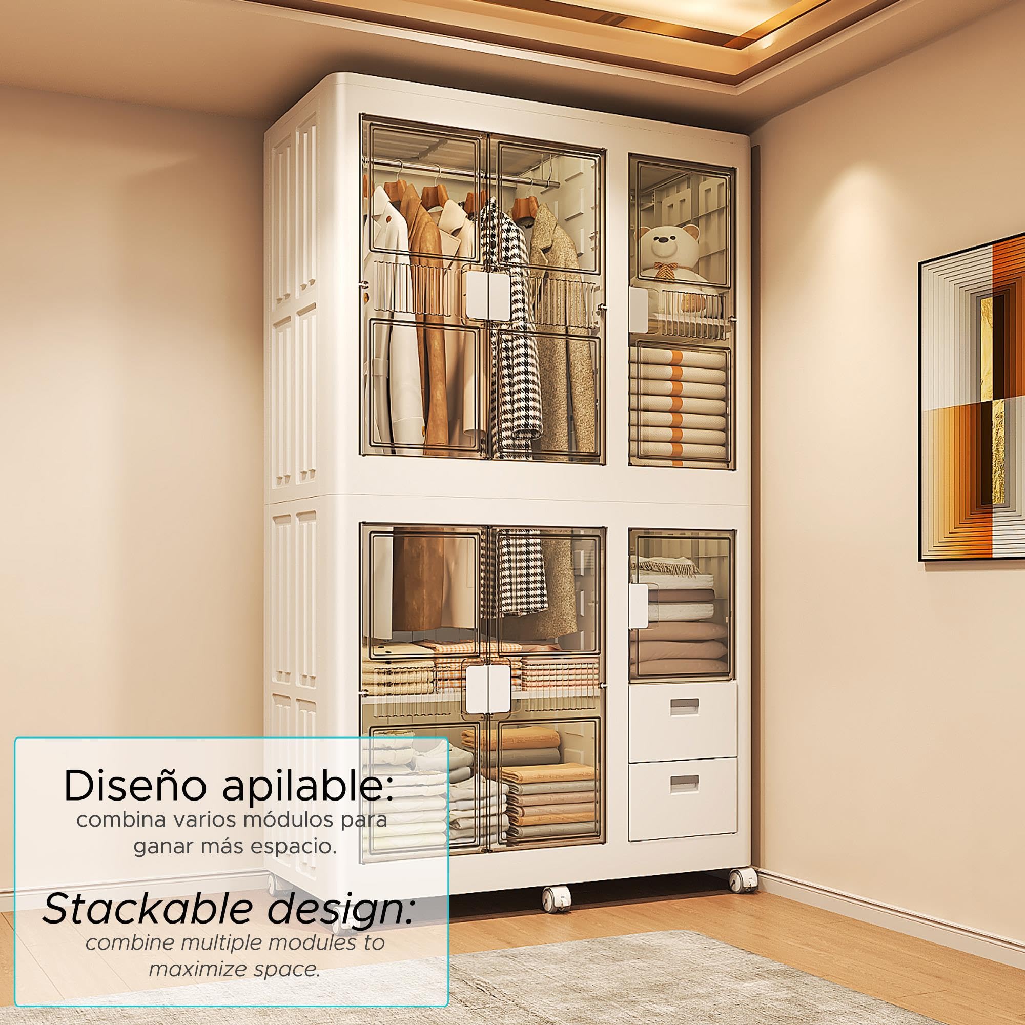 Well Home Cajas de almacenaje apilables con puerta frontal, Organizador modular plegable con ruedas, Modularidad eficiente, Multiespacios, Armario plegable con 2 Compartimentos y 2 Cajones