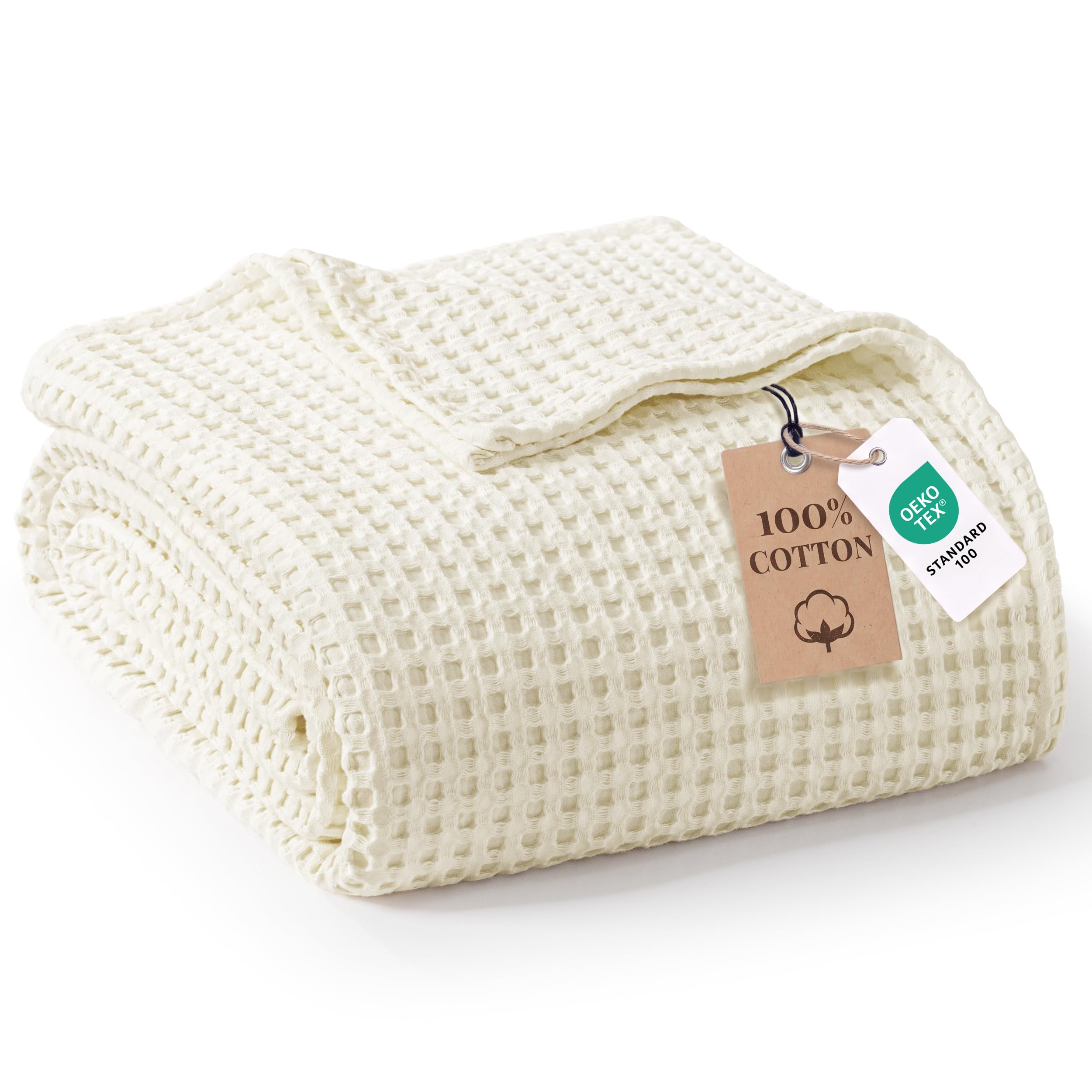 Exclusivo Mezcla 100% Baumwolldecke Tagesdecke für Sommer 230x270 cm | Baumwolle Decke als Bettüberwurf mit Waffelmuster, Sommerdecke, Weich, Leicht und Atmungsaktiv, für Bett und Sofa, Elfenbein