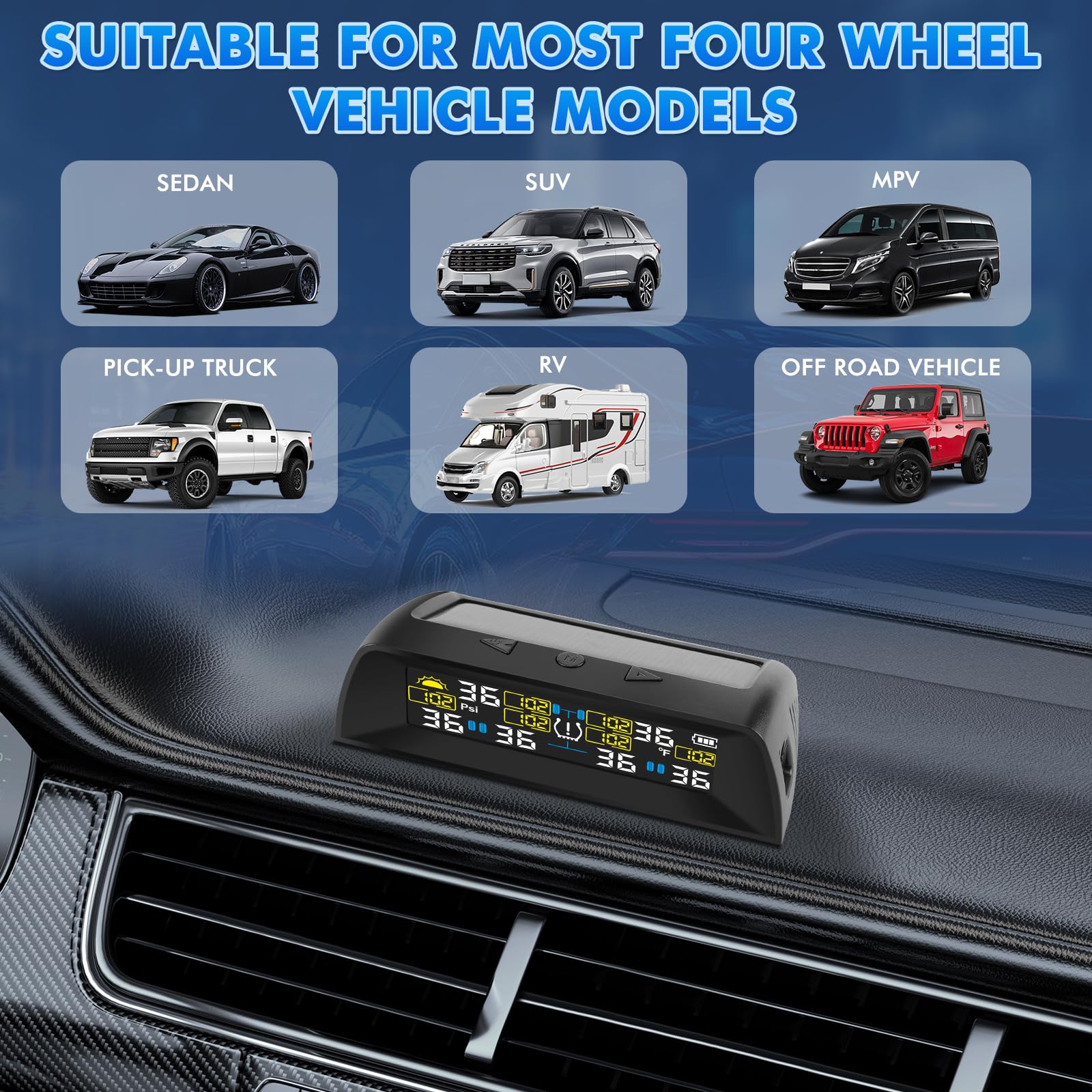 KAOLALI TPMS Sistema de Control de presión de neumáticos, con 6 Modos de Alarma, Carga Solar y Carga USB, con Pantalla LCD a Color y 6 sensores de presión de neumáticos externos, 0-9,9 Bar(0-144PSI)