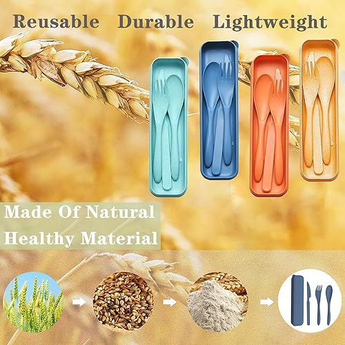Miniatura 9 de Juego de utensilios de viaje reutilizables con estuche, paja de trigo portátil de plástico, tenedor, cucharas, cuchillos, cubiertos, para