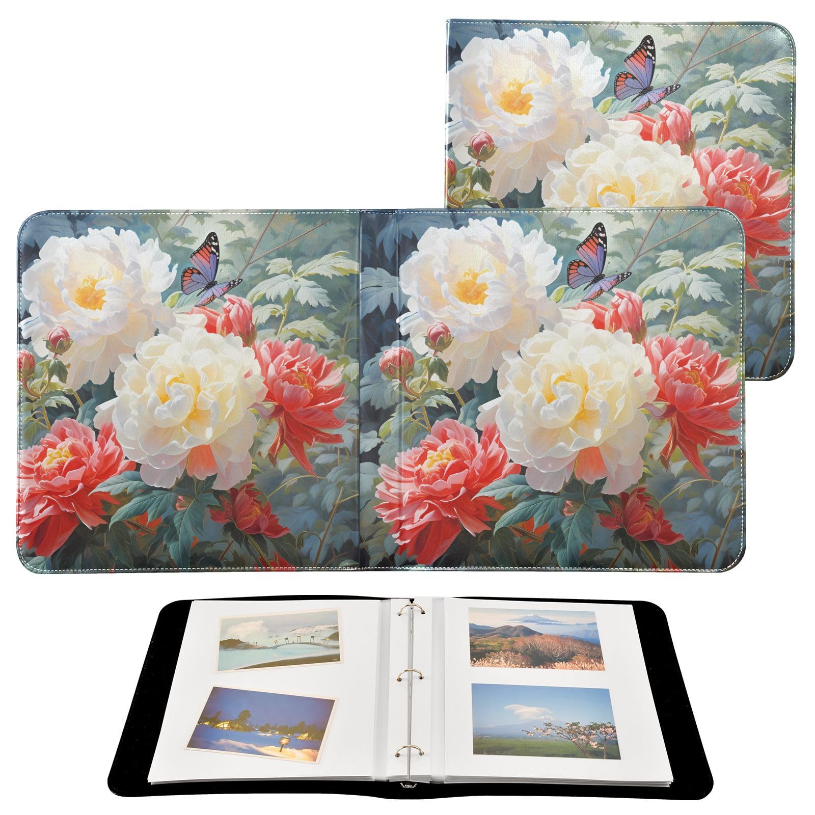 JIPONI Beautiful Peony Purple Butterfly Large Photo Album, DIY Leather Cover Scrapbook Albums for 4x6 5x7 6x8 Pictures, Self Adhesive Memory Book for Wedding, Baby, Family