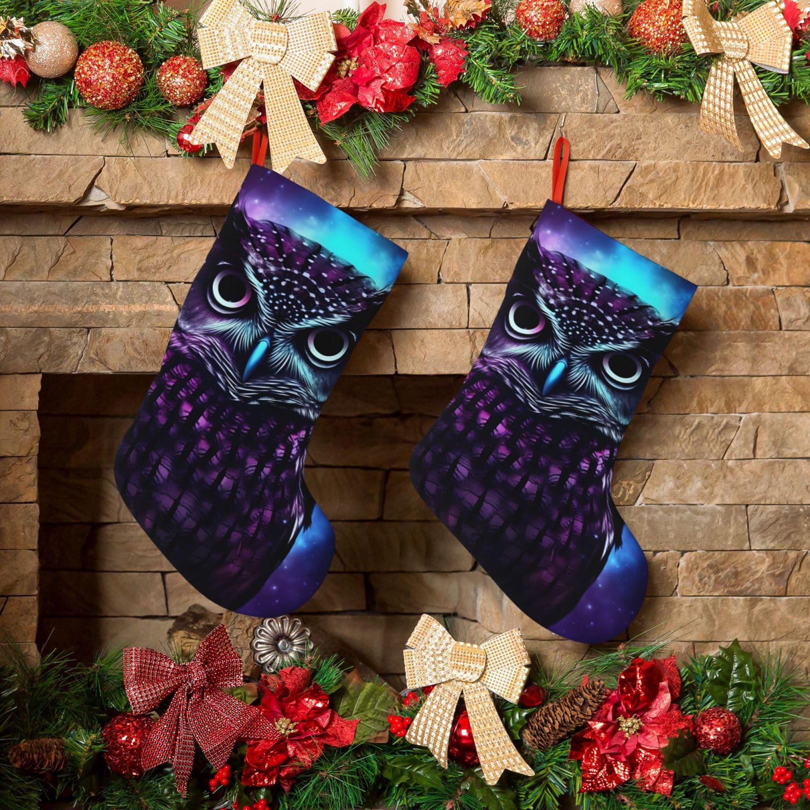 KLOPH Christmas Stockings 18" Personalized Xmas Stocking Purple Owl Decoration Stocking Hanging Fireplace Stocking for Holiday Xmas Tree Christmas Fireplace Decor