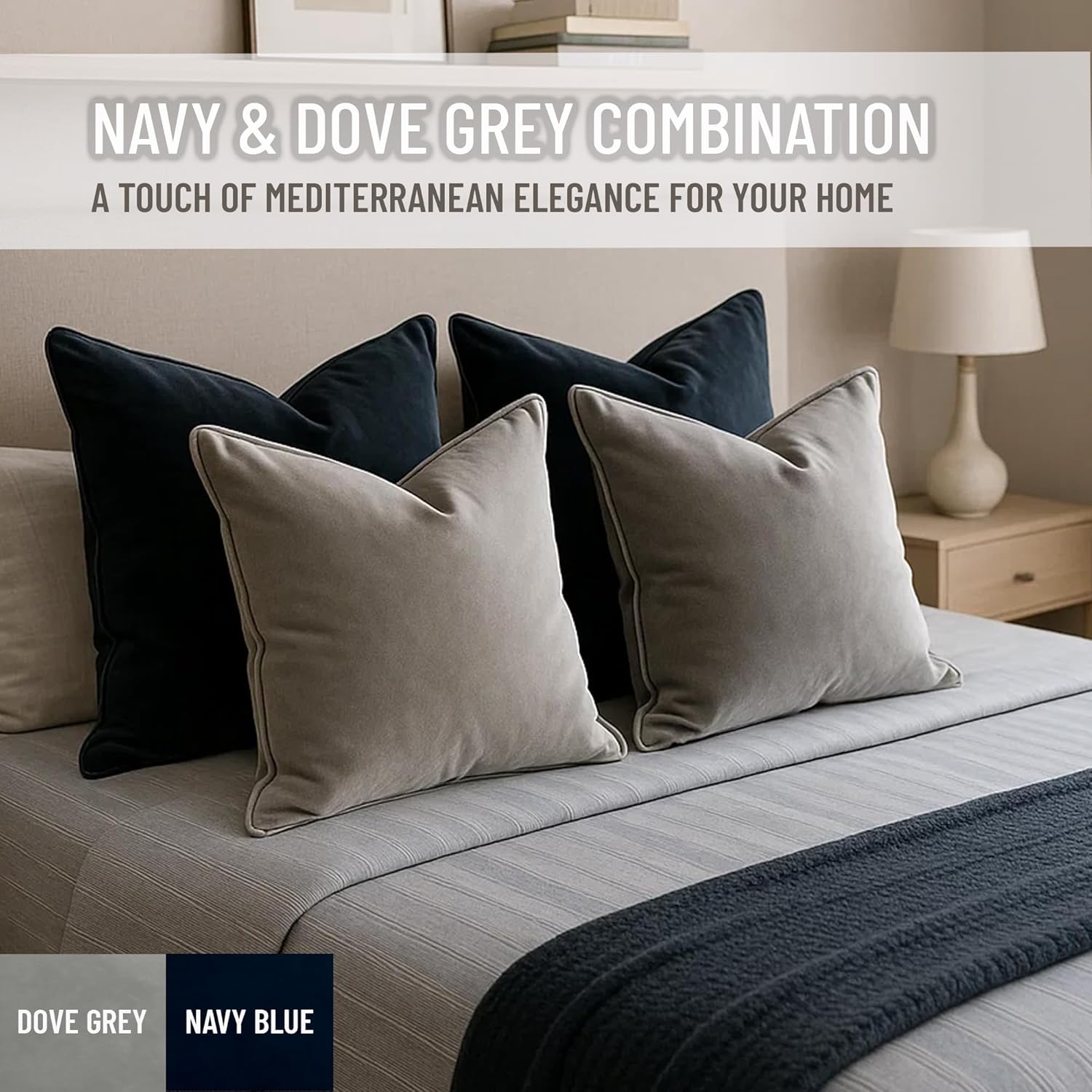 2 Pack Velvet Decorative Throw Pillow Covers, 18"x18", Navy Blue and Grey, Solid, Modern, Contrast Piping, Indoor Use, Bedroom & Living Room
