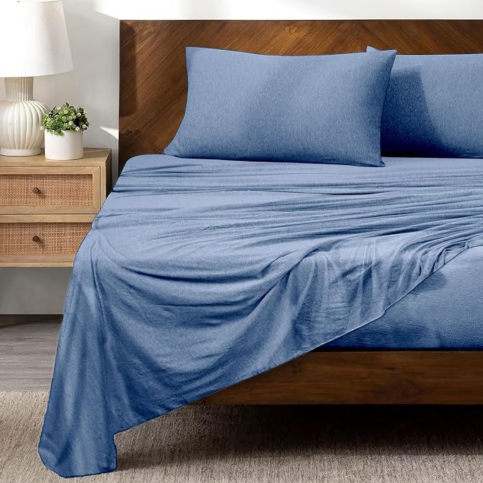 Briarwood Home Heather Knit Jersey Sheet Set – 100% Organic Cotton, Deep Pockets, Non-Pilling, Cooling, Breathable, Super Soft & Stretchy T-Shirt Comfort (Blue Chambray, Queen)