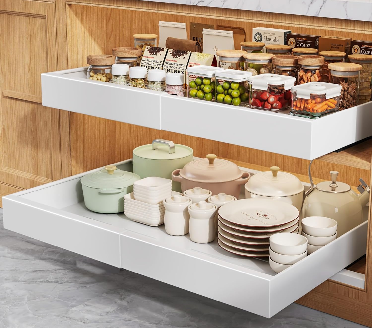 2 Pack Pull Out Cabinet Organizers 21" Deep With Raising Pad for Framed Cabinets, Expandable Width (15.2"-26.3") Slide Out Drawers Upgrade 3 Slide Rails, Roll Out Shelves Adhesive, White White 15.2"-26.3"Wide x 21"Deep(2 Pack)