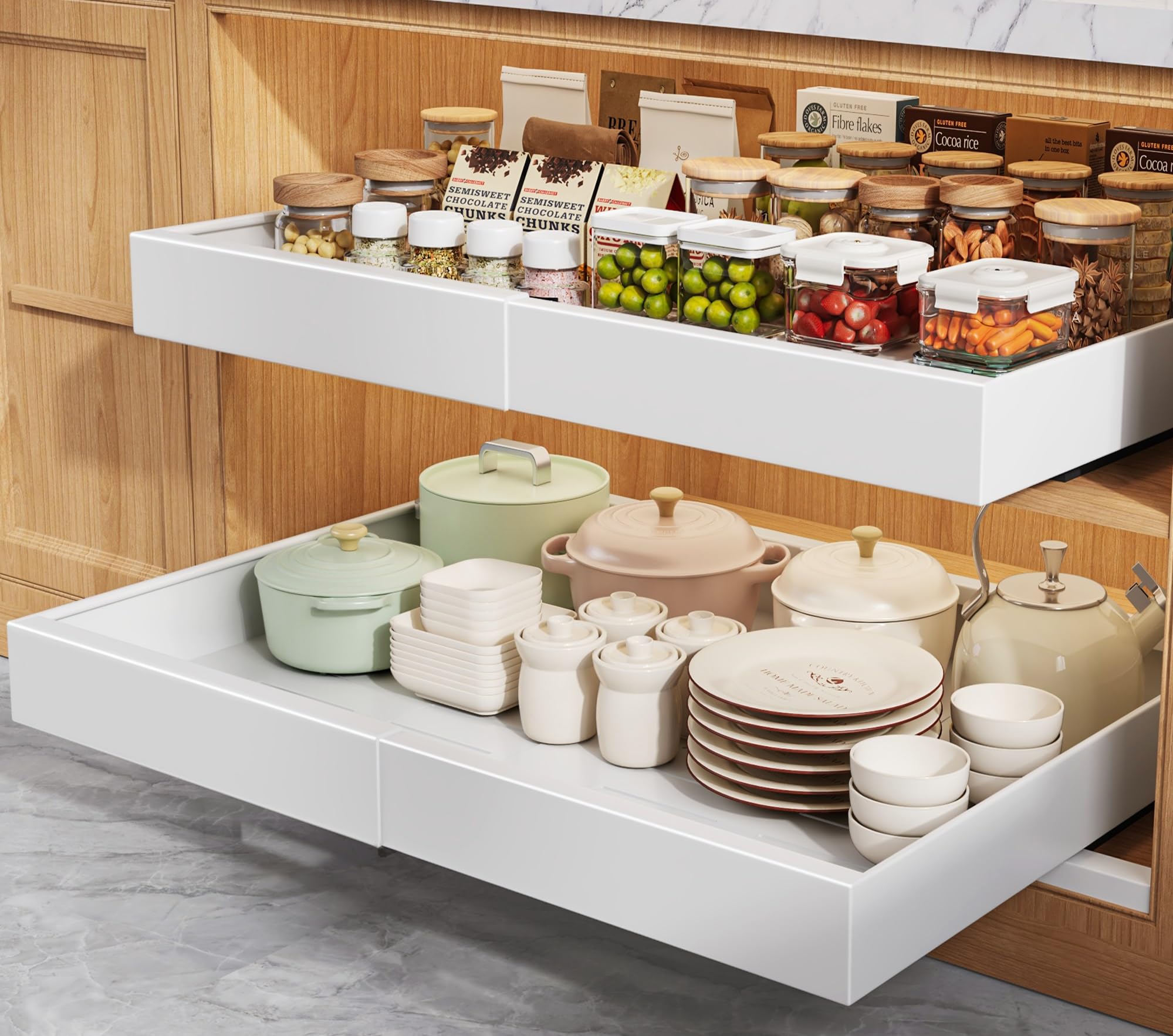 Seinloes 2 Pack Pull Out Cabinet Organizers 21"Deep With Raising Pad for Framed Cabinets,Expandable Slide Out Drawers Upgrade 3 Slide Rails,Roll Out Shelves Adhesive,Adjustable Width 15.2"-26.3" White