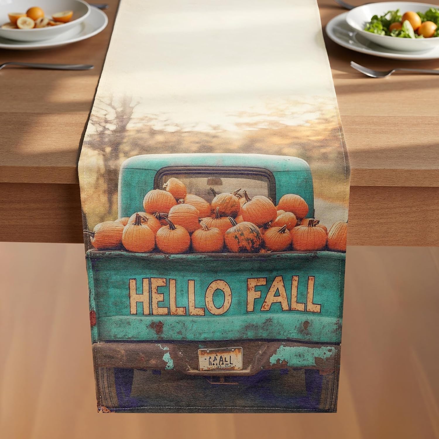 Fall Table Runner with Vintage Truck & Pumpkins,Thanksgiving harvests Farmhouse Style Autumn Table Decoration for ?Dining? Party and Home ?Decor, 72x13 ?inches 72 Hello-Fall-Truck