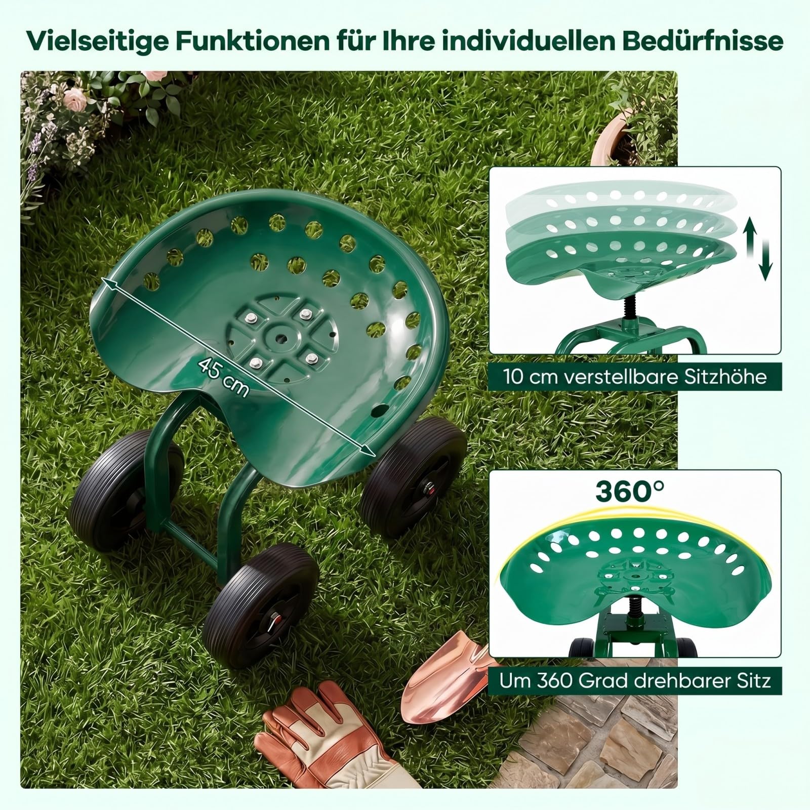 RELAX4LIFE Rollsitz, Gartensitz mit 4 Rädern, Gartenrollsitz 360 ° Drehbar & Höhenverstellbar 40-50 cm, Fahrbarer Arbeitssitz aus Metall, bis 150 kg, für Gartenarbeit & Autopflege
