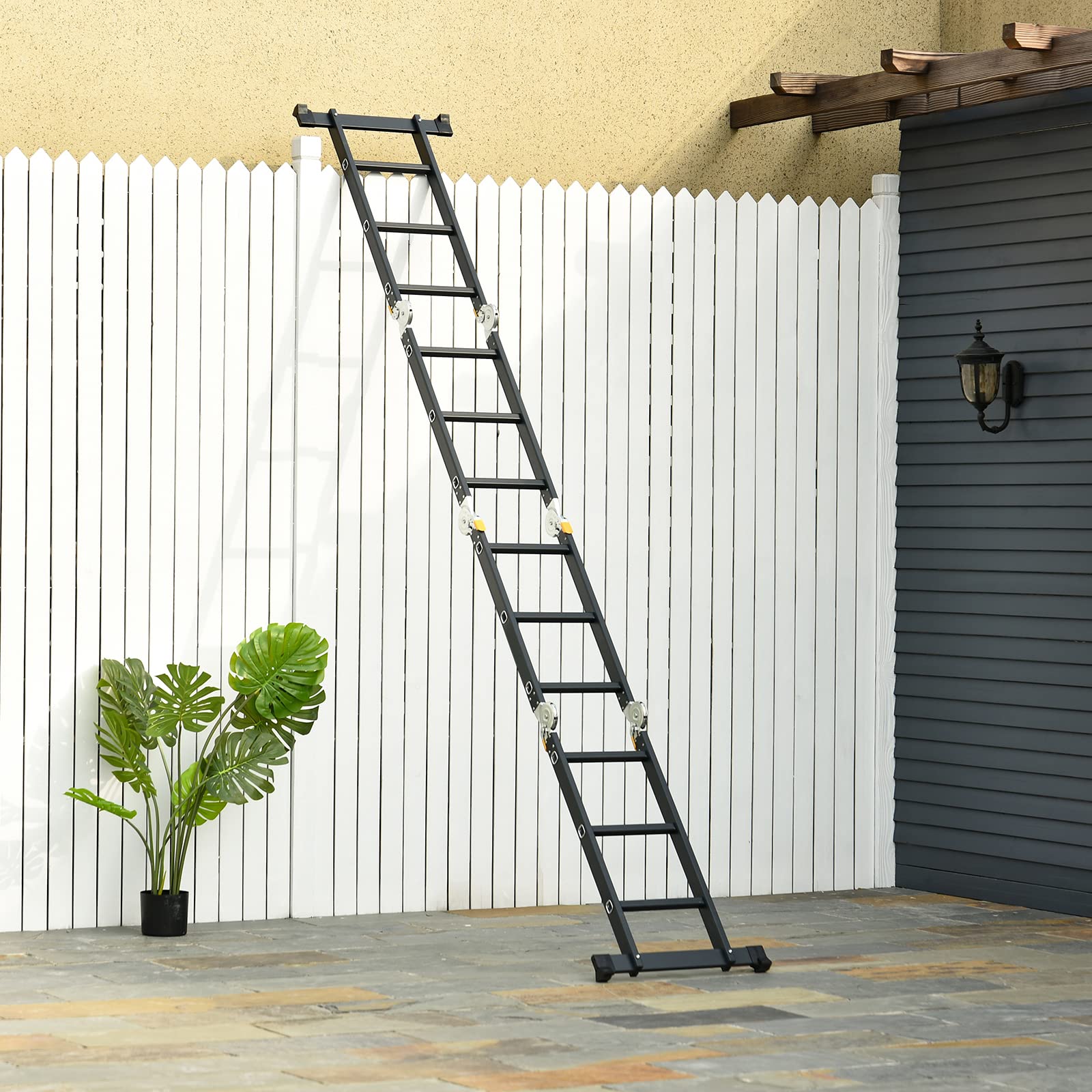 DURHAND Scala in Alluminio 5 in 1 Nera con 2 Pannelli di Sostegno, Scala Pieghevole per Interni ed Esterni, Carico Massimo 150kg, 370x61x11 cm