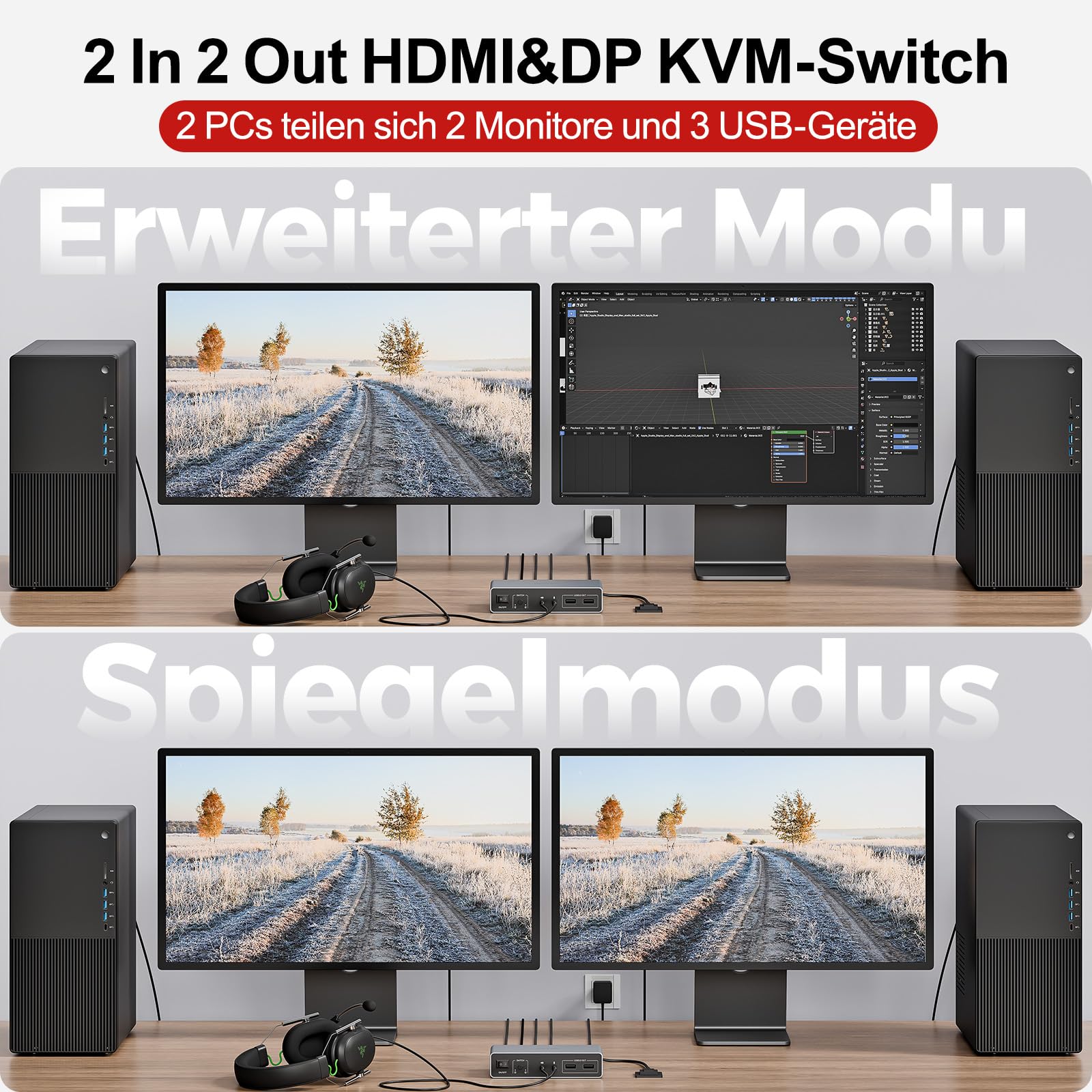 Unitek KVM Switch für 2 Monitore und 2 Computer 4K@60Hz HDMI Displayport KVM-Switcher 3 USB-Ports für gemeinsame Nutzung von Tastatur Maus Mikrofon Headset-Anschlüsse 2 USB-B-Kabel 5V DC