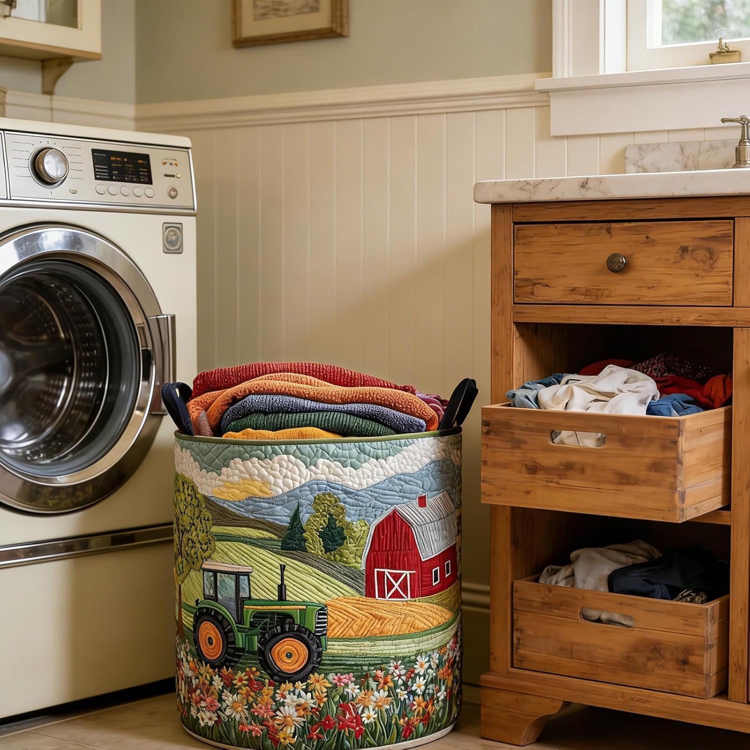 Quilted Laundry Basket, Foldable Laundry Hamper with Handles, Cute Boho Quilted Storage Basket for Blankets Toys Book and Clothes Versatile Storage (A, L 20in*28in) — view 5