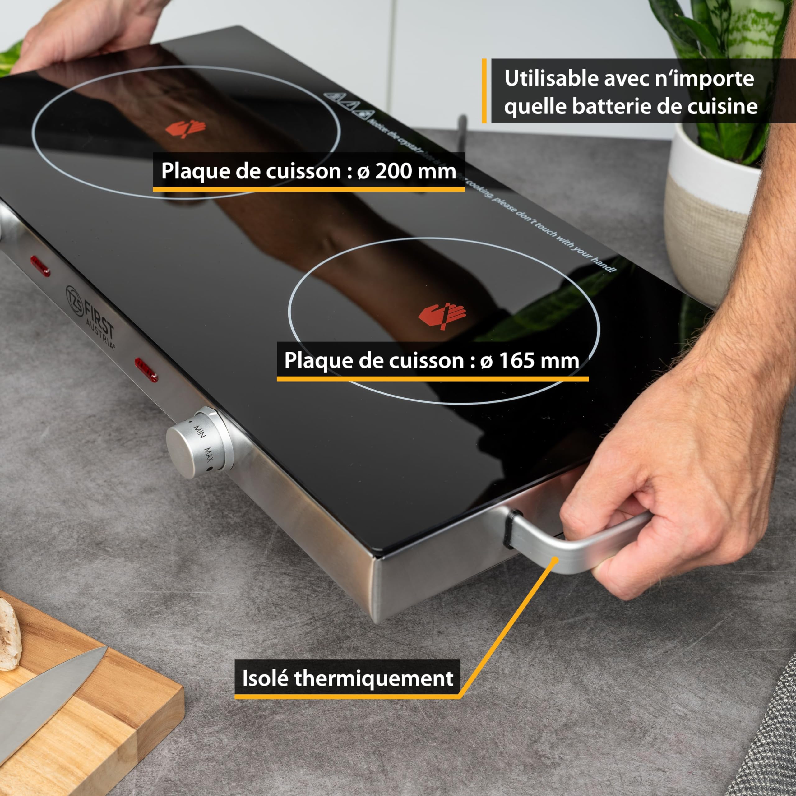 TZS First Austria - Plaque de cuisson double infrarouge vitrocéramique TOUS types de casseroles 2800W - Mini réchaud électrique pour déménagement, camping & maison - Réglage continu et témoin contrôle