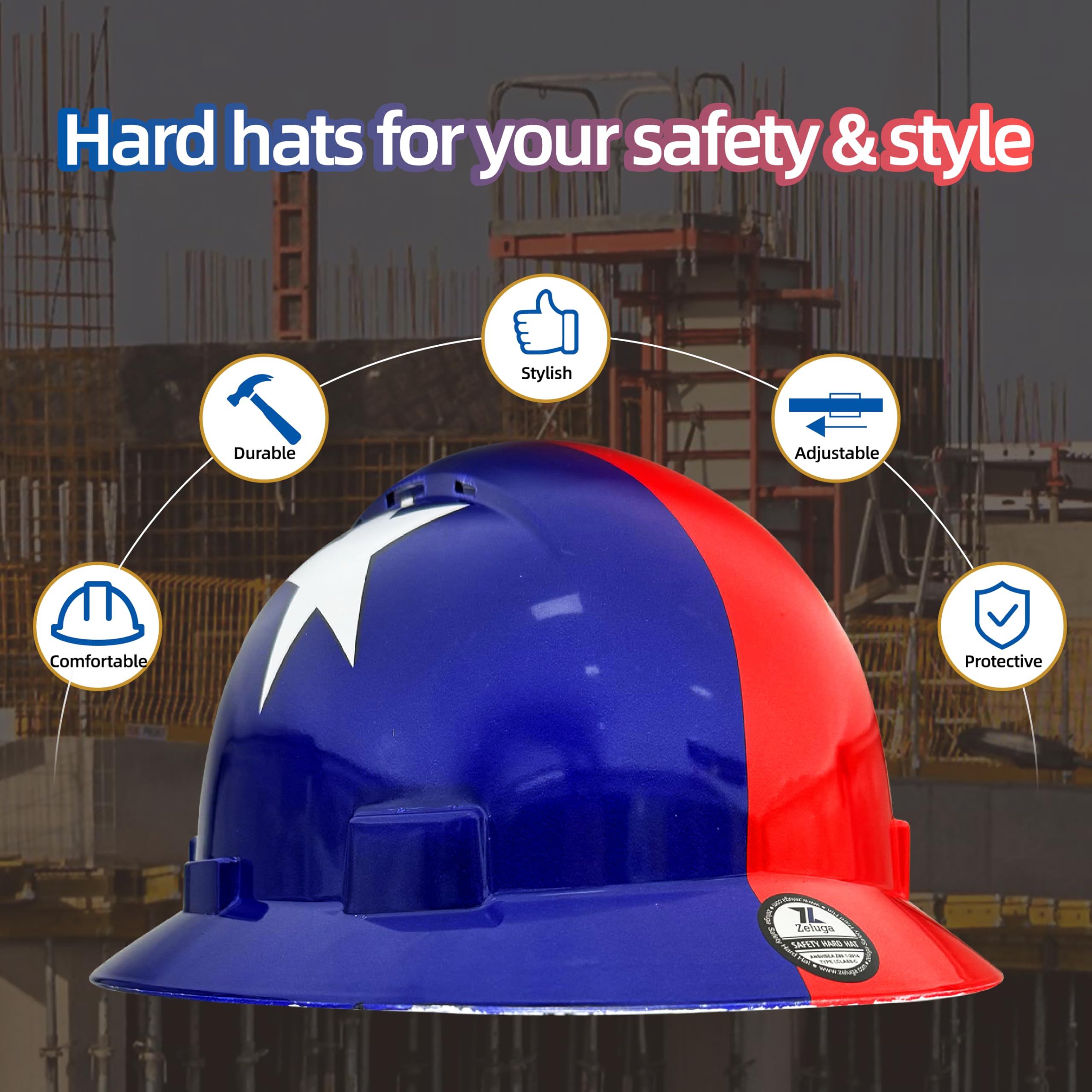 Zeluga 15-457 HDPE - Casco duro de ala completa, casco de seguridad para construcción con agujeros ventilados, suspensión de trinquete ajustable de 6 puntos, cumple con ANSI/ISEA Z89.1, bandera de