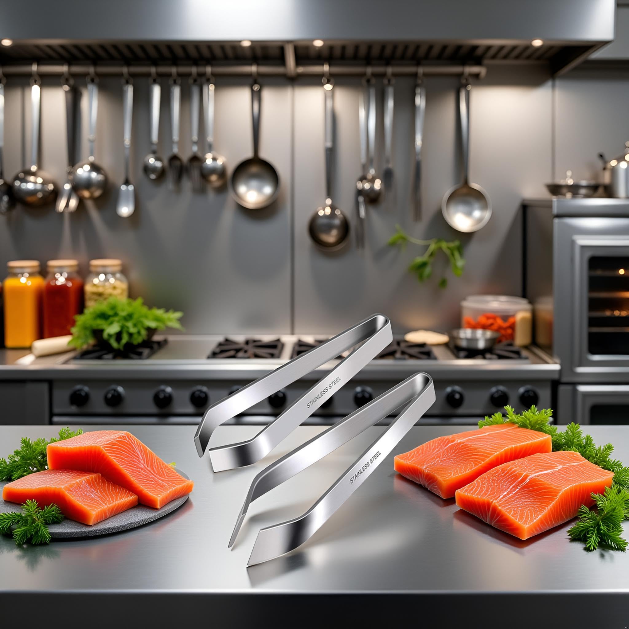Set Di 2 Pinzette Professionali Per Lische Di Pesce, In Acciaio Inox, Piatte E Oblique, Utensili Da Cucina Per Salmone E Trota - 2
