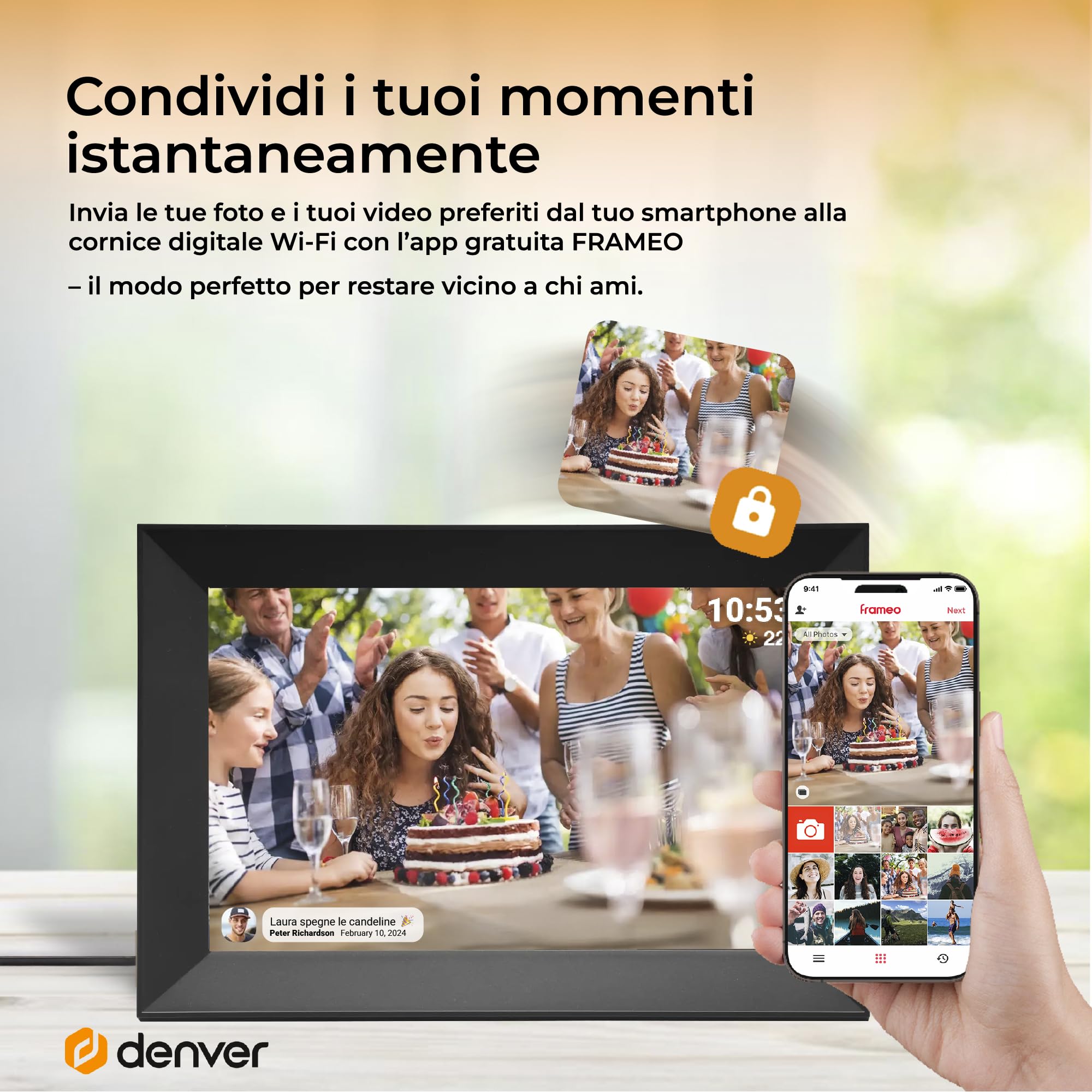 Cornice Digitale 10 Pollici WiFi – Schermo IPS Full HD 1920×1200 – Portafoto Digitale Frameo Denver per Foto e Video – Cornice Elettronica Touchscreen Smart – 16 GB Memoria – Slot microSD – Nera