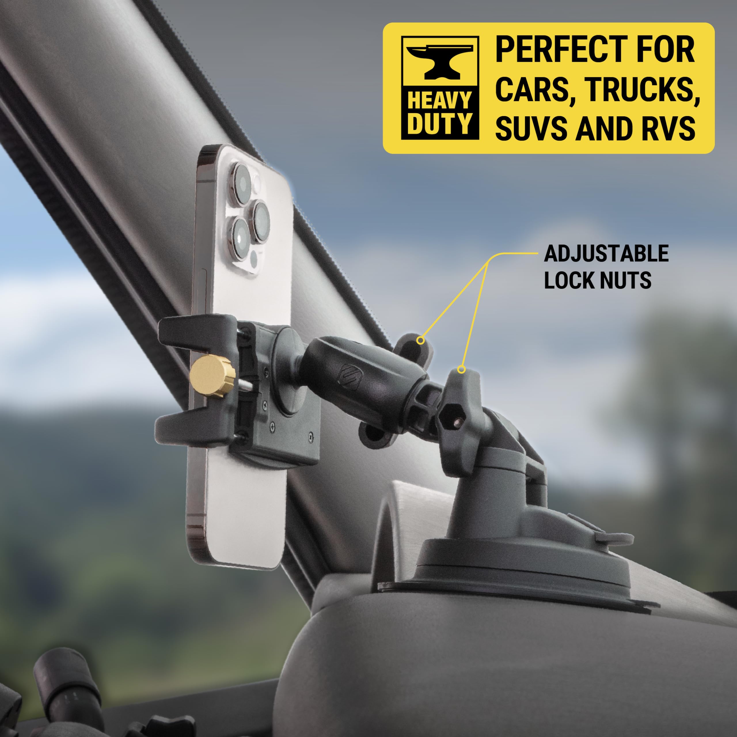 SCOSCHE BMG1WDHD HDGrip™ Soporte de teléfono con ventosa extrafuerte, soporte ajustable para teléfono celular con estabilizador antivibración para iPhone, smartphone Android, coche, camión