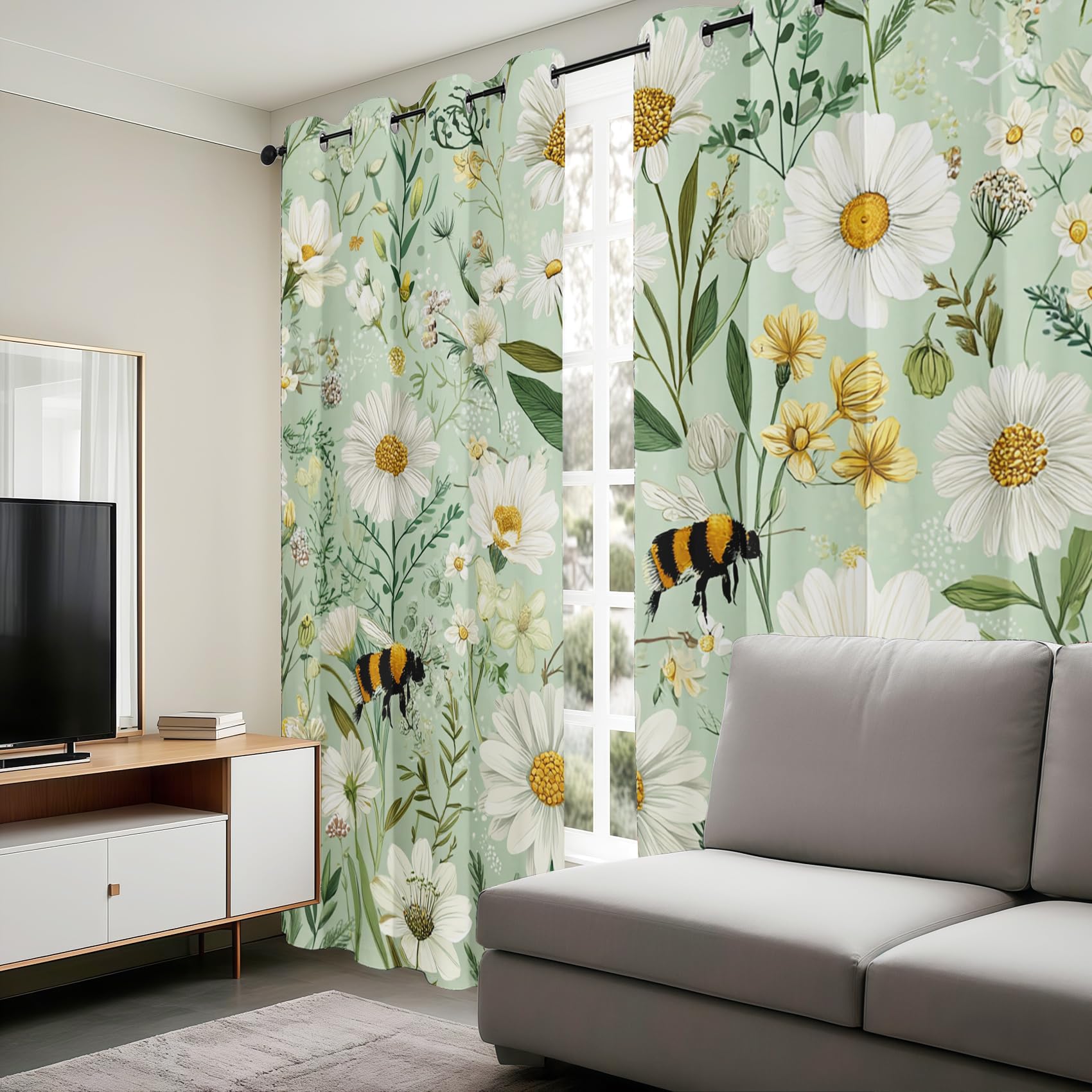 Générique Rideau Marguerite Abeille Rideaux Chambre Salon Fleur Vintage Rideau Occultant Thermique Isolant Anti-Chaleur Phonique Lot de 2 Rideaux à Oeillets 140x260 cm YGY38s