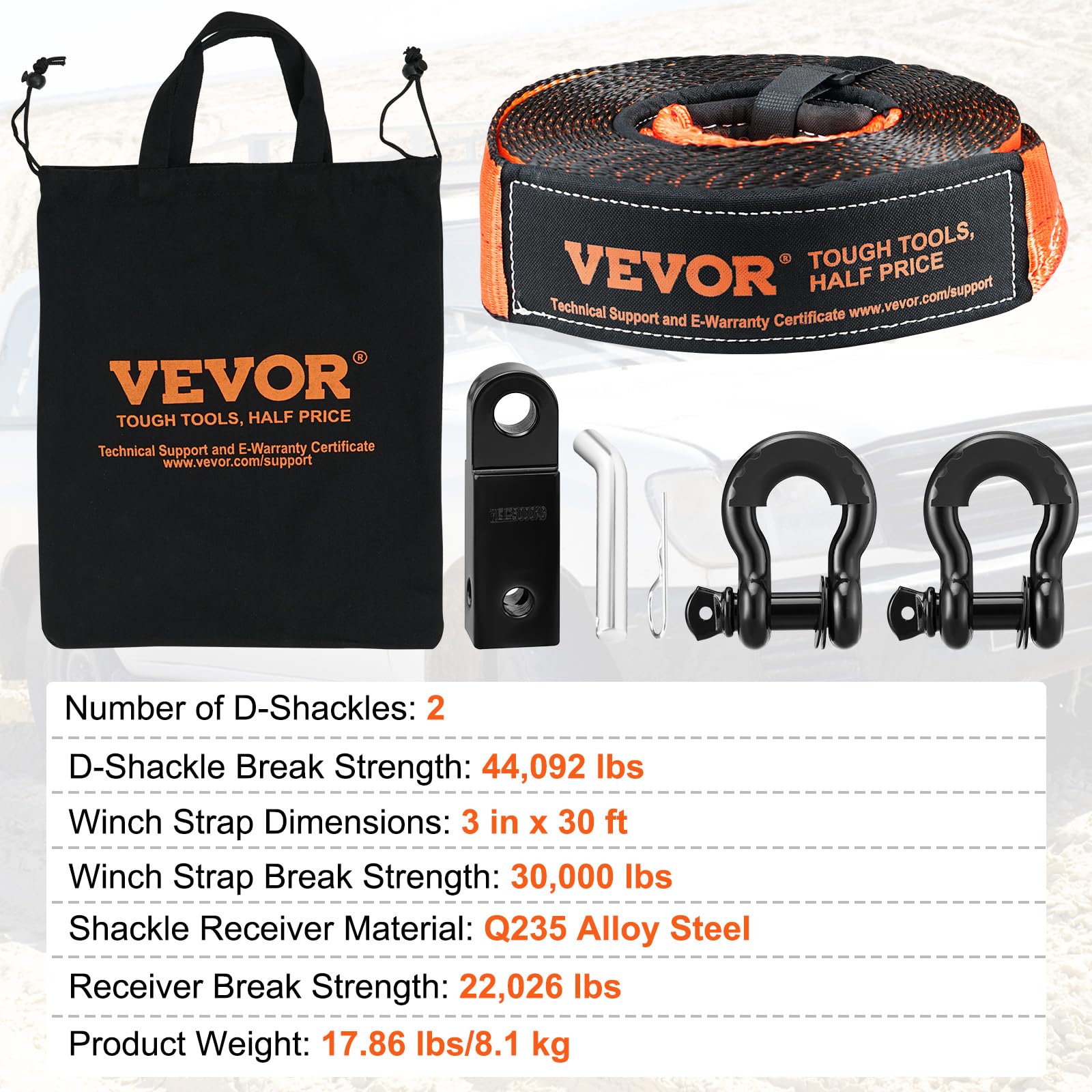 VEVOR Kit di recupero fuoristrada, 3" x 30', cinghia di traino da 30.000 libbre, anello a D da 44.092 libbre, ricevitore grillo e borsa di stoccaggio, per ATV, Jeep, veicoli fuoristrada, camion