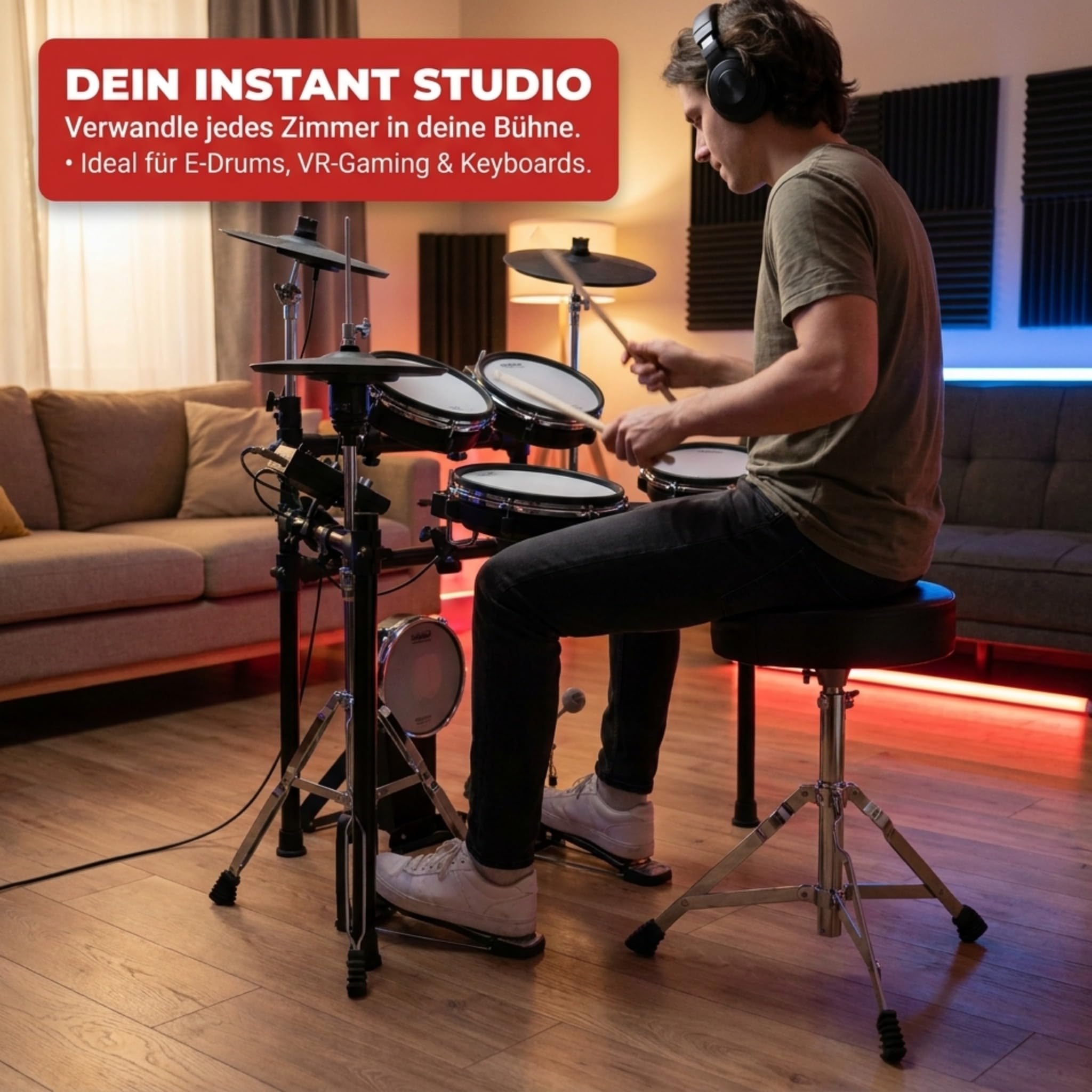 Technote RockJam Verstellbarer Schlagzeughocker, gepolsterter Drehsitz für akustische und elektronische Drumsets, 45-55 cm Höhe, klappbar, Schwarz