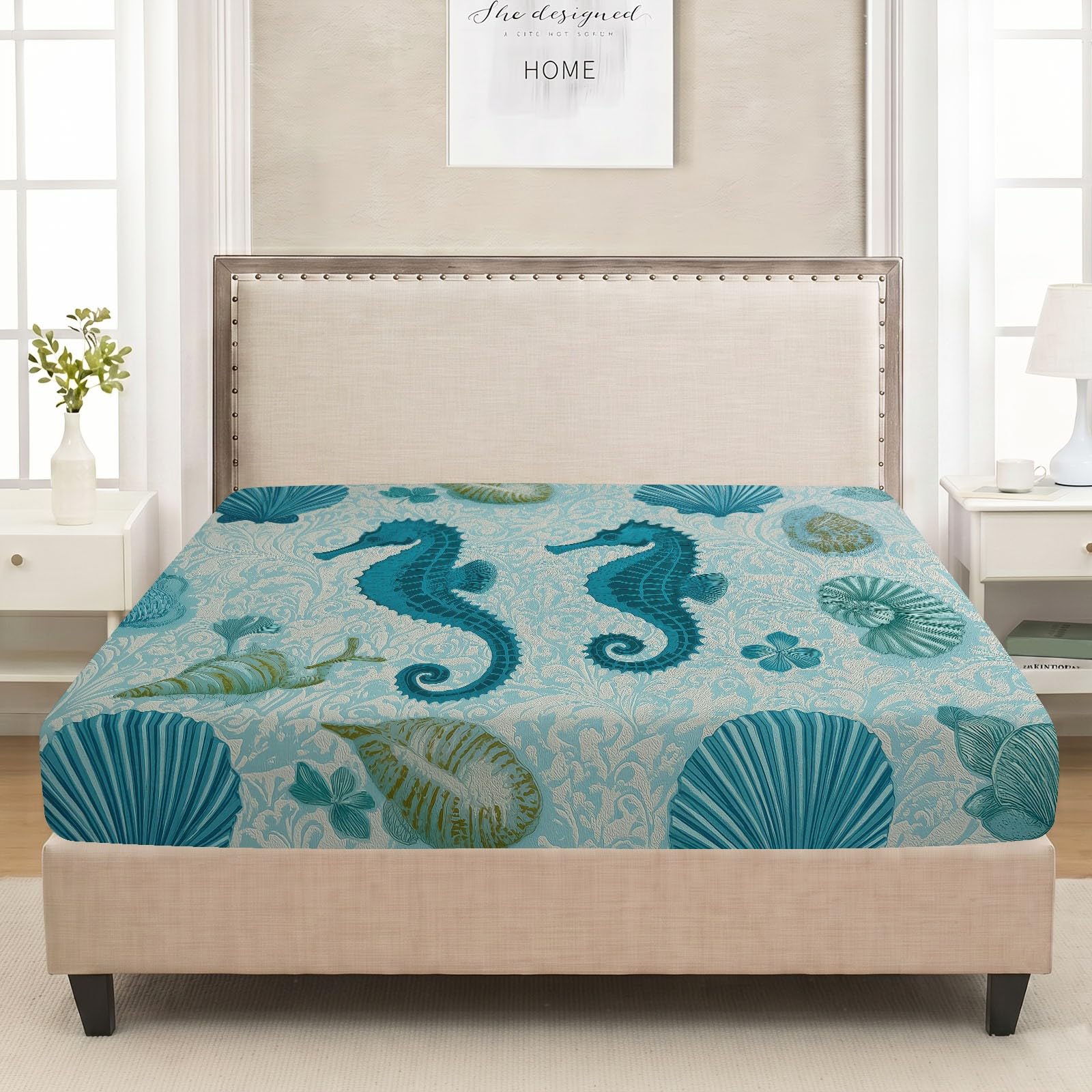 Spannbettlaken Meereslebewesen Bettlaken 160 x 200 cm Weiche Atmungsaktive - Seepferdchen Muschel Rankenmuster Spannbetttuch für Boxspringbett & Wasserbett Schlafzimmer Dekor, Steghöhe 30 cm