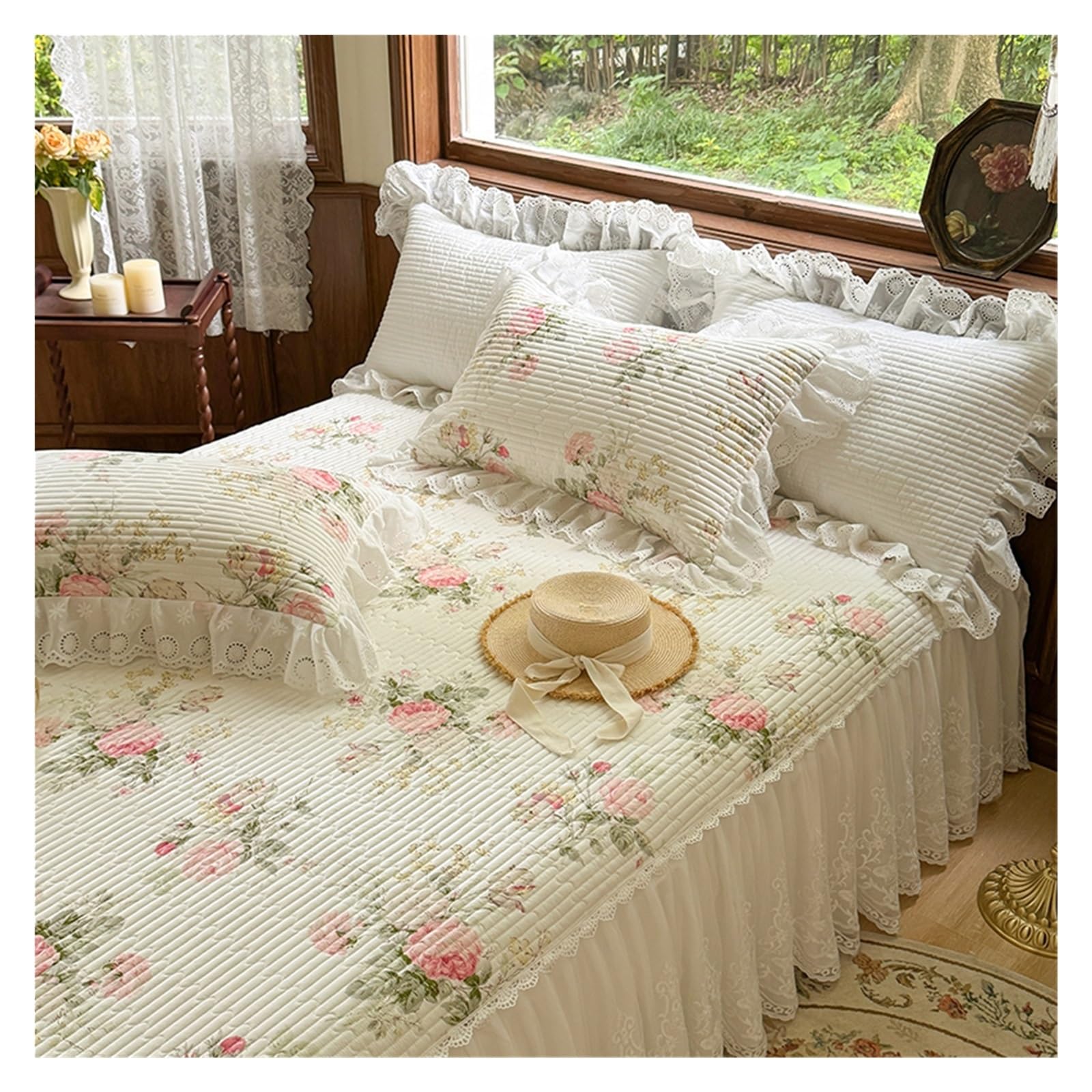 Ruffled Bed Skirt 3Pcs Lace Ruffles Quilted Bed Skirt, Mattress Cover, Bedspread, Sheet, With Pillowcases, Suitable For 1.2M/1.5/1.8/2M(Colro-07,120X200cm 3pcs)
