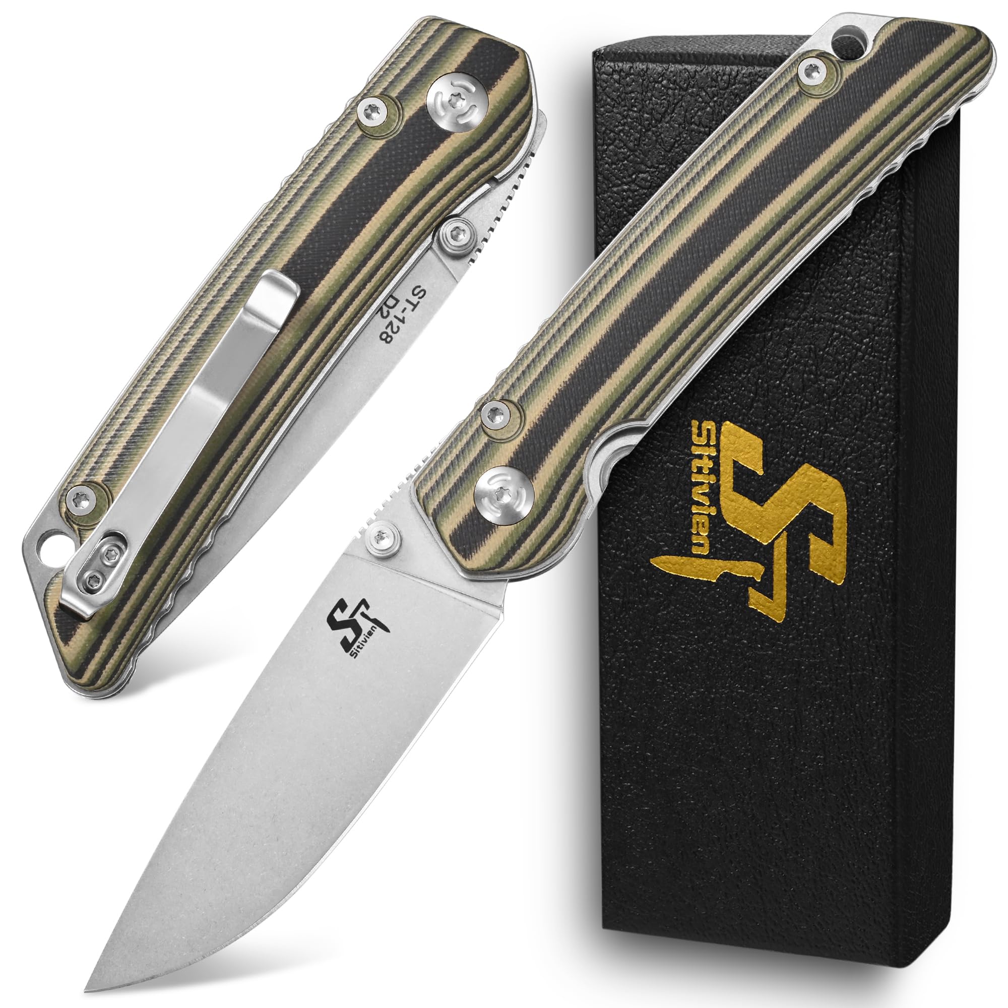 Sitivien ST128 Folding Knife,D2 Blade G10 Handle Safety Liner Lock EDC Tool Knife for Outdoor Hiking Camping-Desert