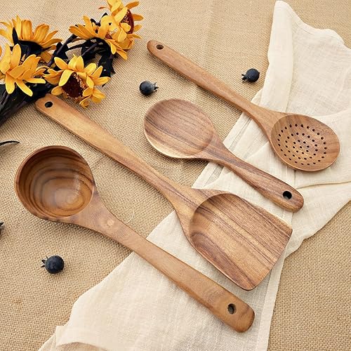 Miniatura 8 de JASHII Juego de 7 utensilios de cocina de madera, utensilios de madera para cocinar, espátula antiadherente, cucharón, utensilios de cocina